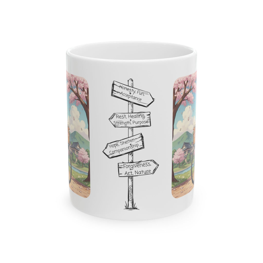 Cozy Kawaii Kitty Riding in Sakura Japan White Ceramic Mug — Whiskers on Wheels, Cherry Blossom Calm Cup, 11o z & 15oz