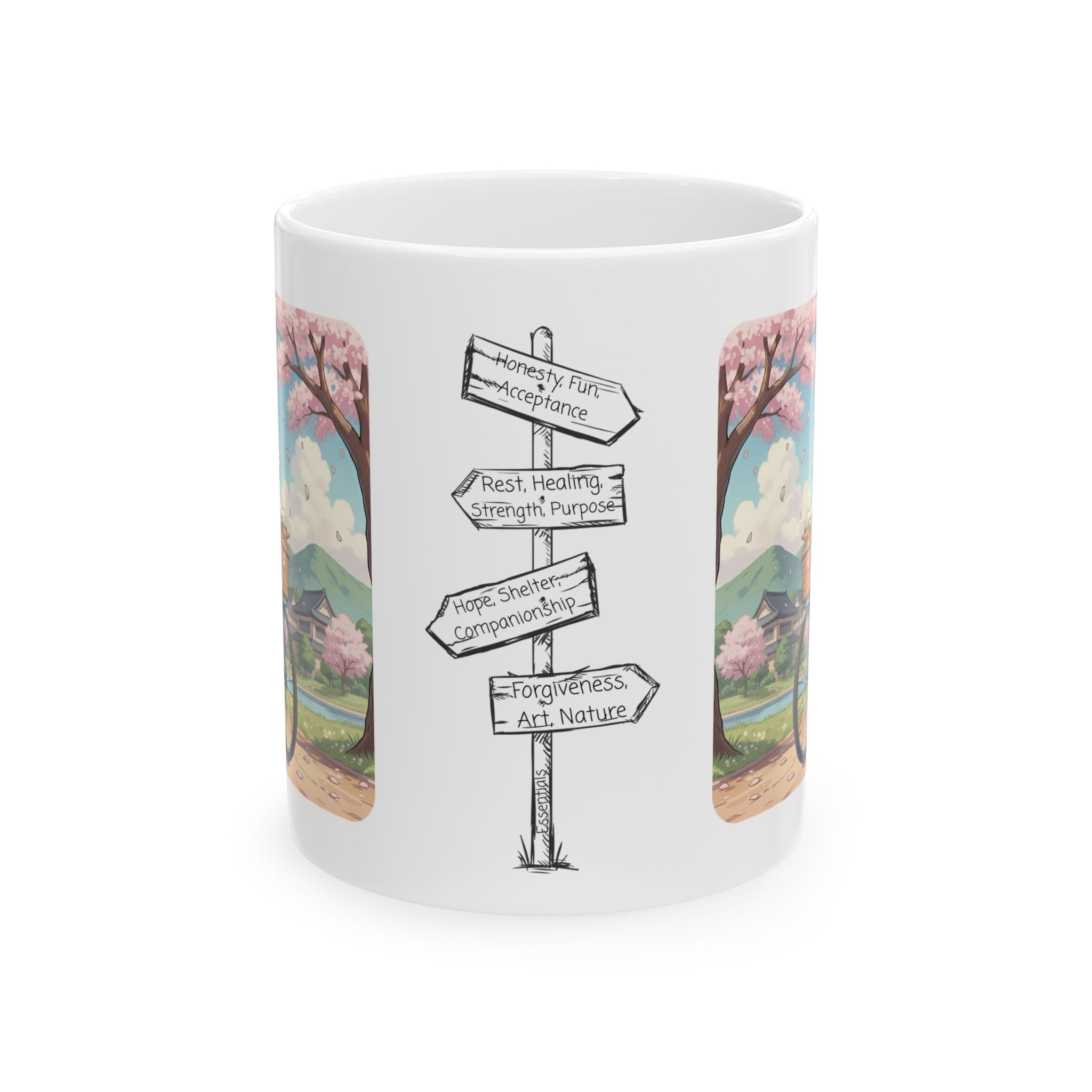 Cozy Kawaii Kitty Riding in Sakura Japan White Ceramic Mug — Whiskers on Wheels, Cherry Blossom Calm Cup, 11o z & 15oz