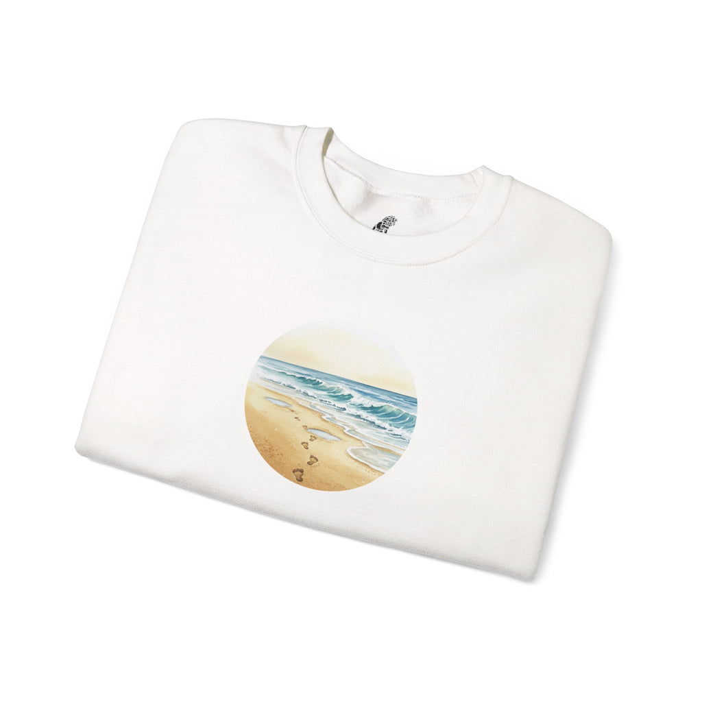 Beach Circle Crewneck Sweatshirt — Coastal Footprints In The Sand At Sunset Sweater