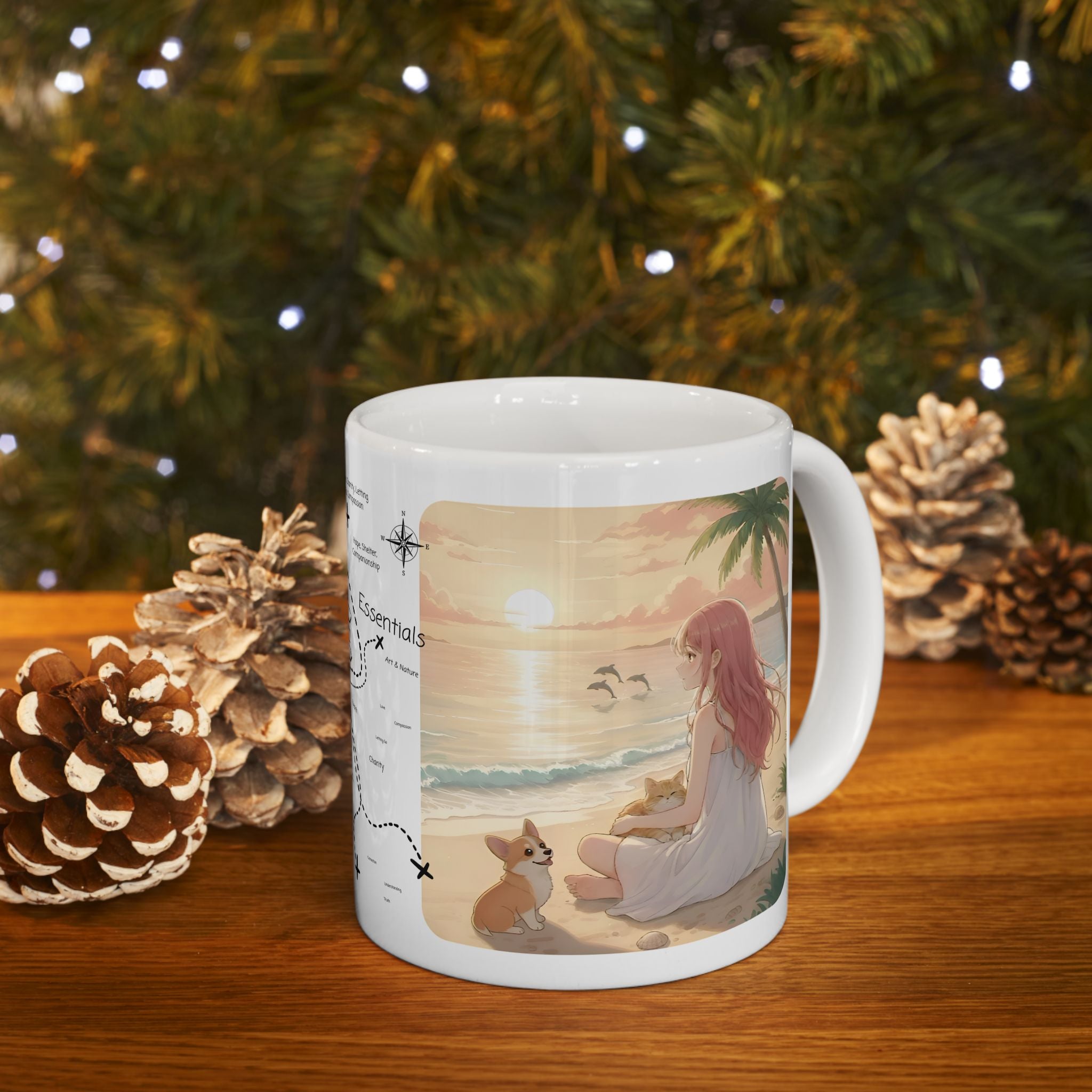 Cute Corgi Dog & Orange Cat Tropical Seascape White Ceramic Mug, Cozy Pembroke Welsh Corgi Mom on Beach Cup (11oz, 15oz)