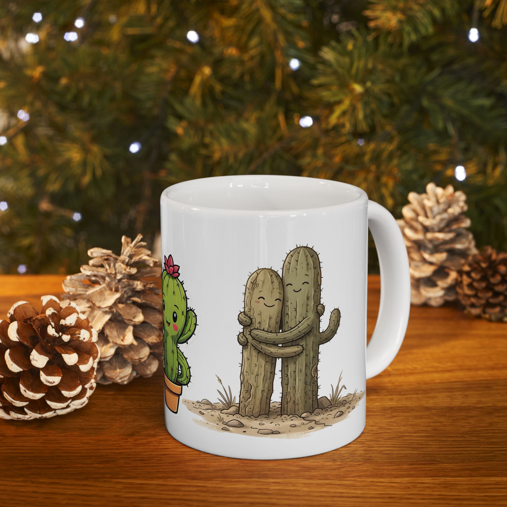 Cactus Couple White Ceramic Mug — Cute Potted Terracotta Tea Cup (11oz & 15oz)