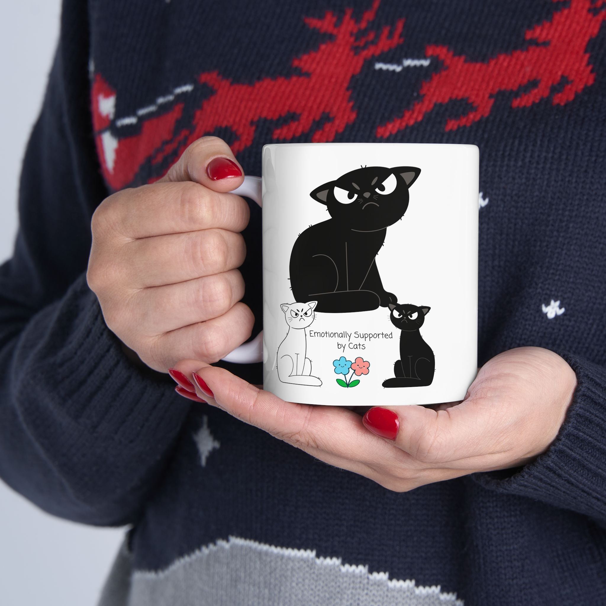 Emotionally Supported by Cats White Ceramic Mug – Cute Black & White Sassy Kitties Tea Cup (11oz & 15oz)