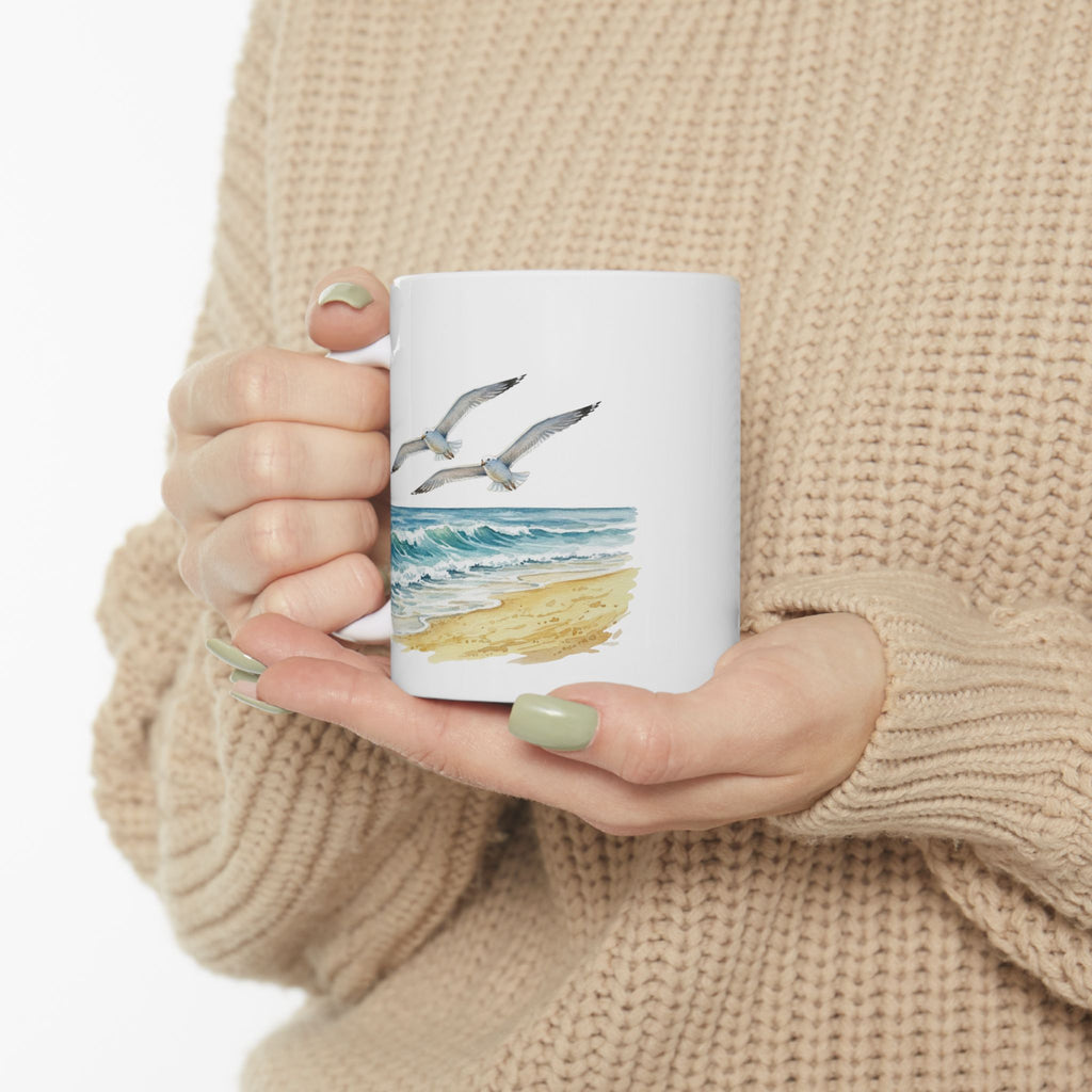 Ocean Seagulls White Ceramic Mug - Beach Watercolor Tea Cup (11oz, 15oz)