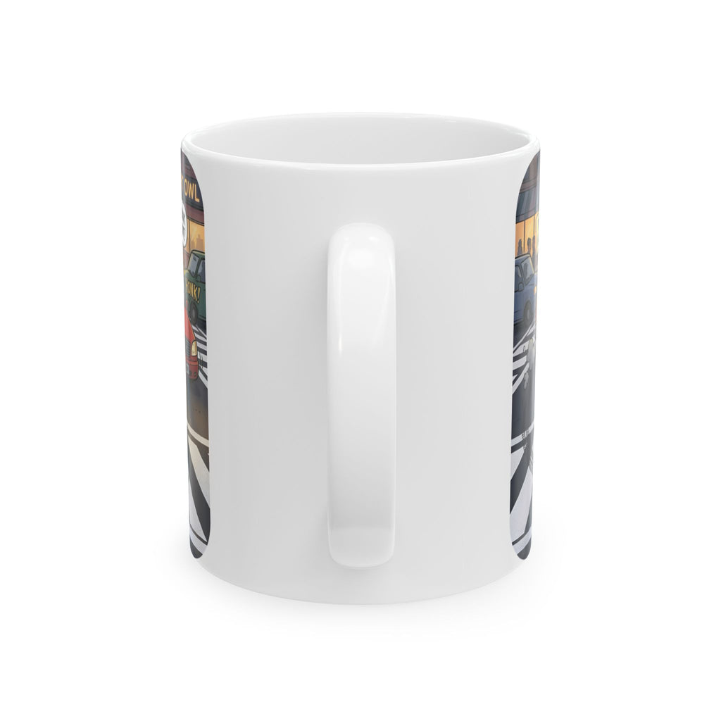 Raccoon Crosswalk White Ceramic Mug (11oz/15oz) – Cute Urban Wildlife Tea Cup