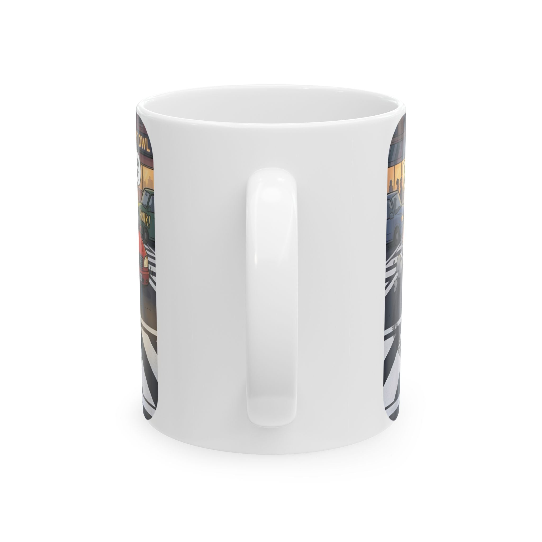 Raccoon Crosswalk White Ceramic Mug (11oz/15oz) – Cute Urban Wildlife Tea Cup