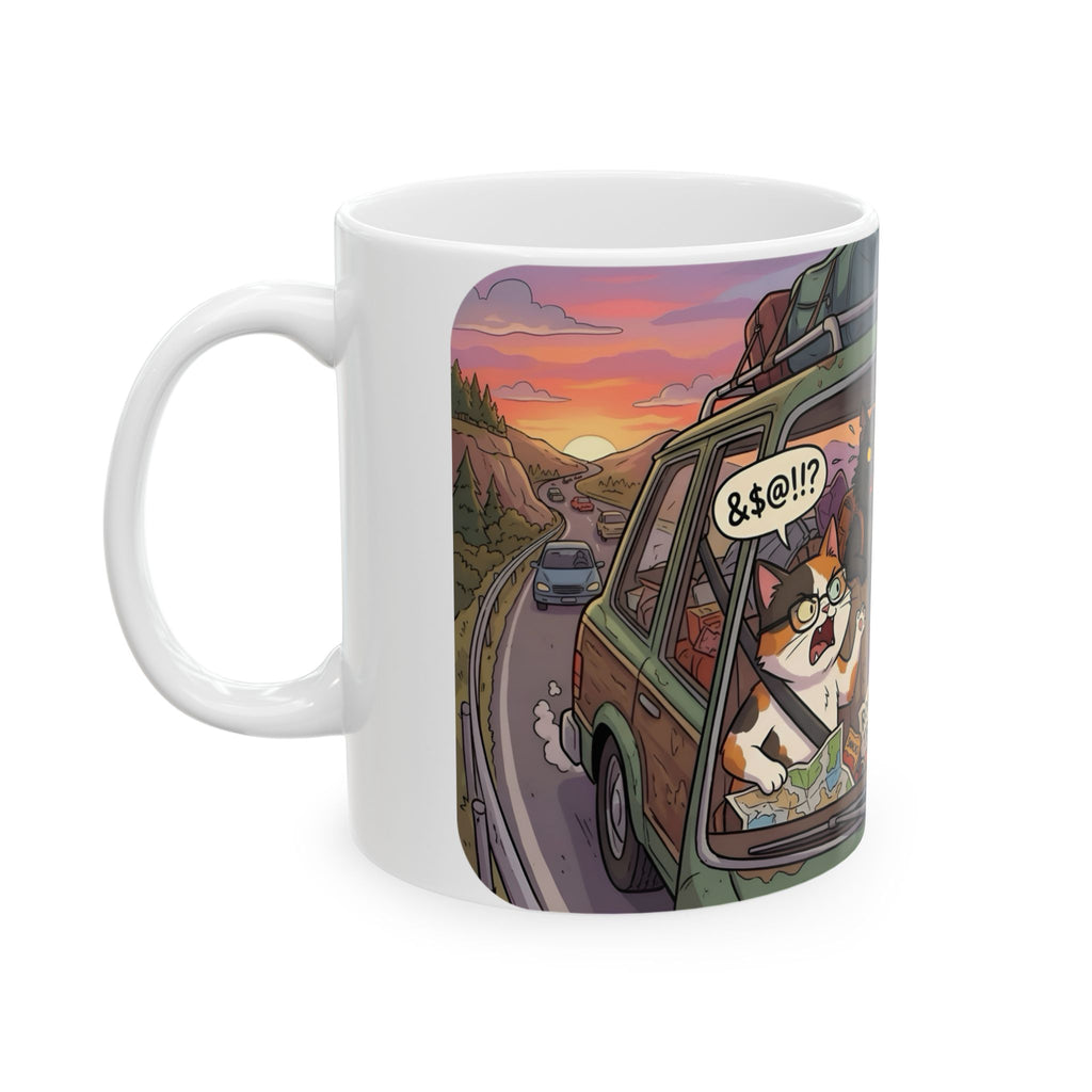 Squabbling Cats On A Road Trip White Ceramic Mug (11oz/15oz), Funny Cat'n Get Along Cup