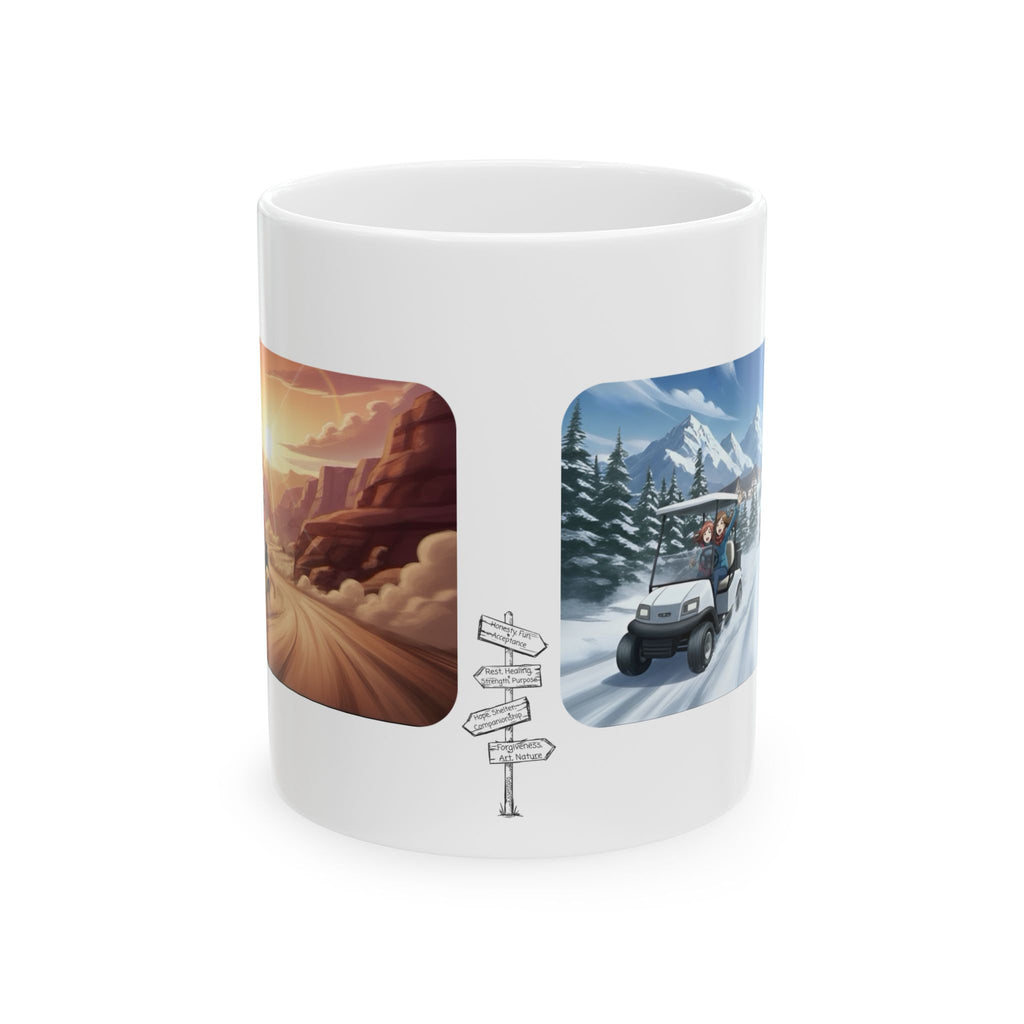 Anime Golf Cart Seasonal Adventures #7 White Ceramic Mug — Find Your Path To The Essentials Cup (11oz & 15oz)