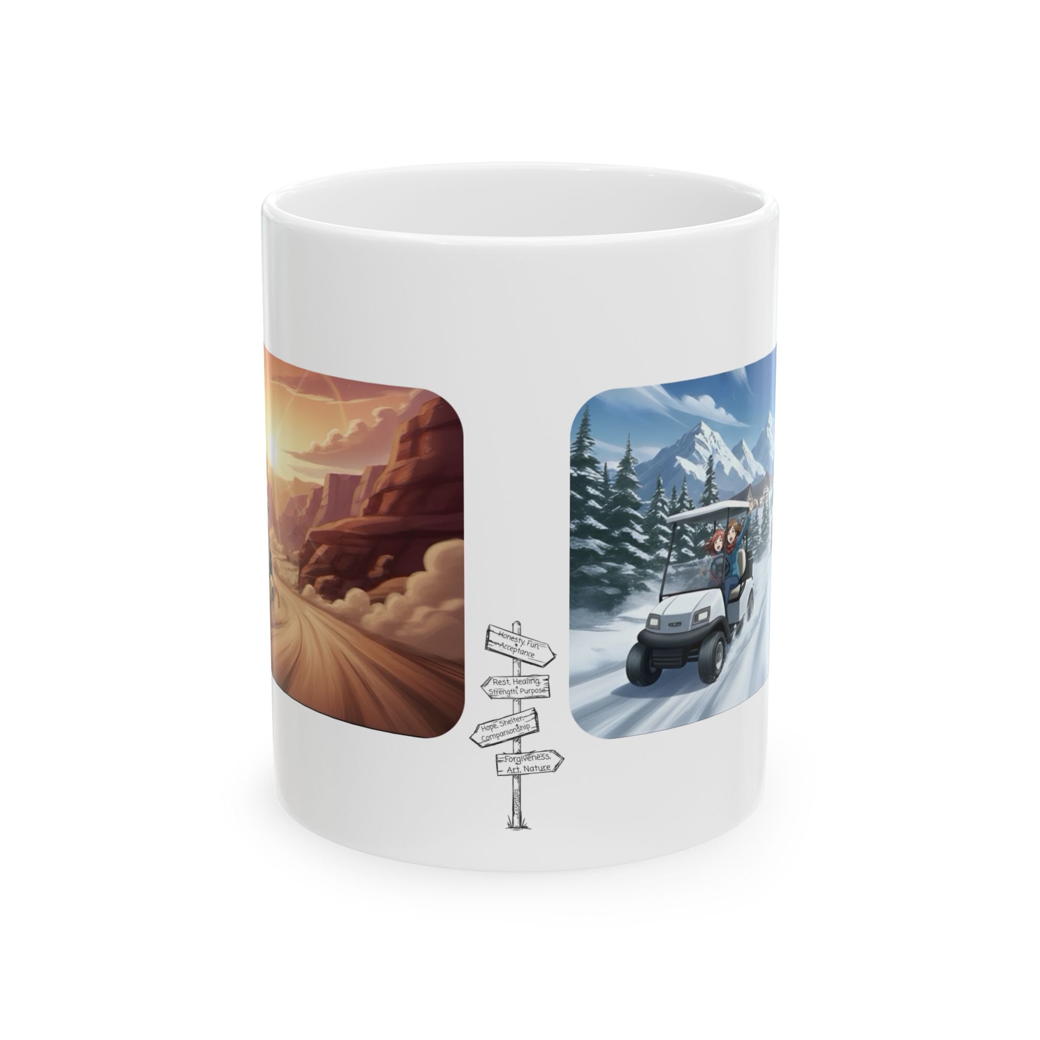Anime Golf Cart Seasonal Adventures #7 White Ceramic Mug — Find Your Path To The Essentials Cup (11oz & 15oz)