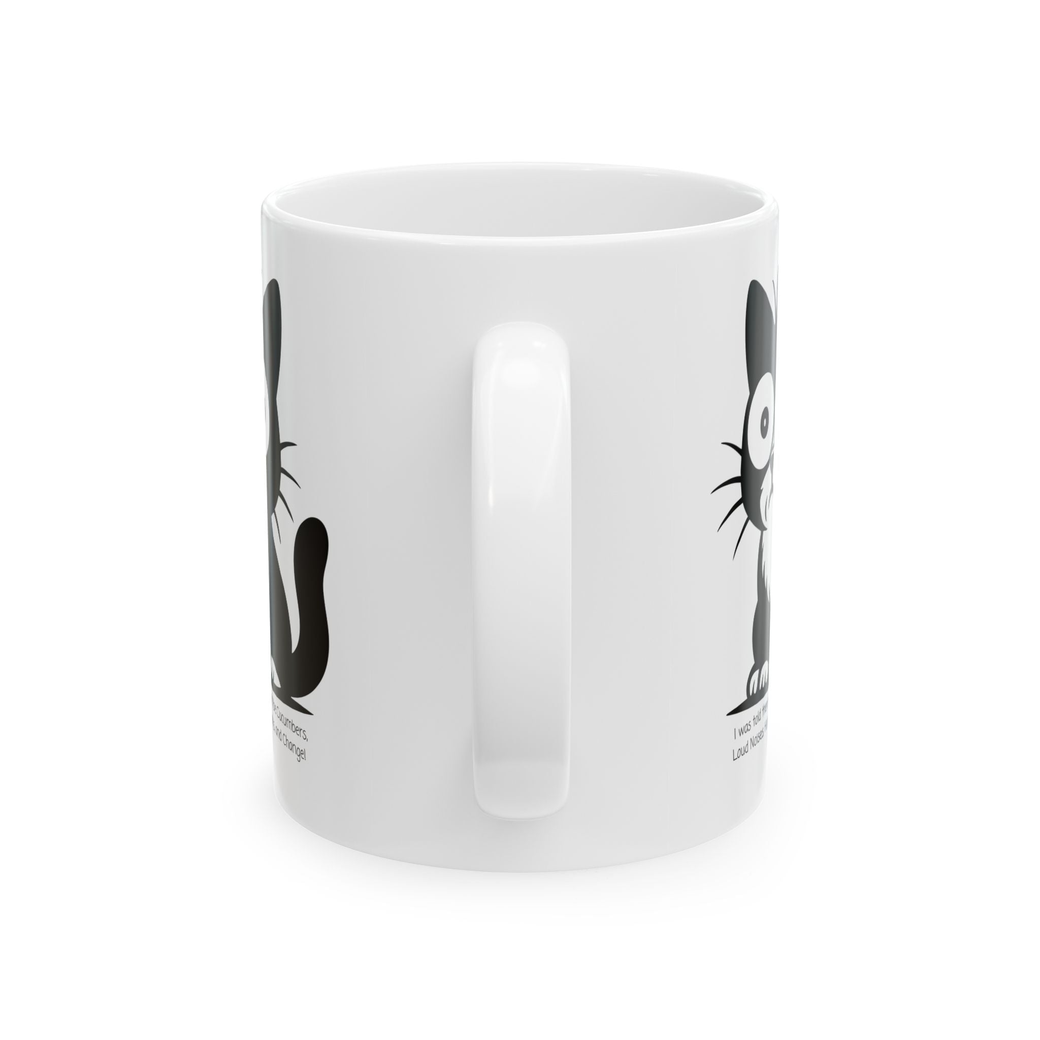 Cat Contemplating Catastrophe White Ceramic Mug - Cute Anxious Black Kitten Tea Cup (11oz & 15oz)