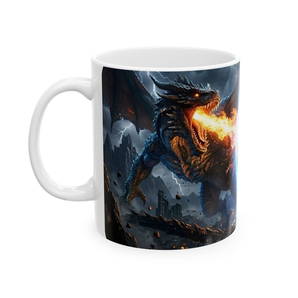 Dragon Battle #4 White Ceramic Mug — Epic Fantasy Gaming Adventure Scene (11oz, 15oz)