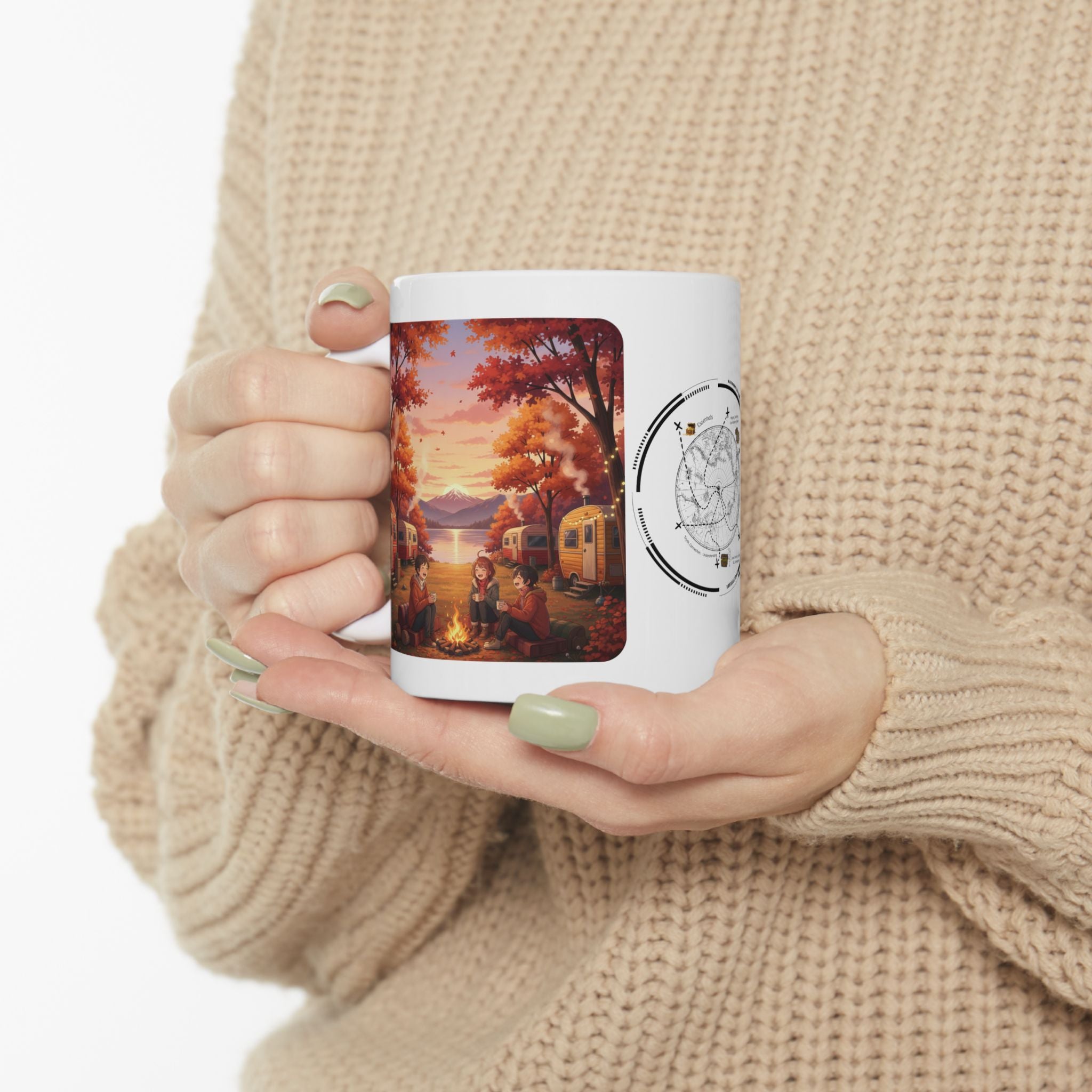 Autumn Leaves & Winter Snow Sunset White Ceramic Mug — Cozy Camping Fall & Winter Cottagecore Cup (11oz & 15oz)
