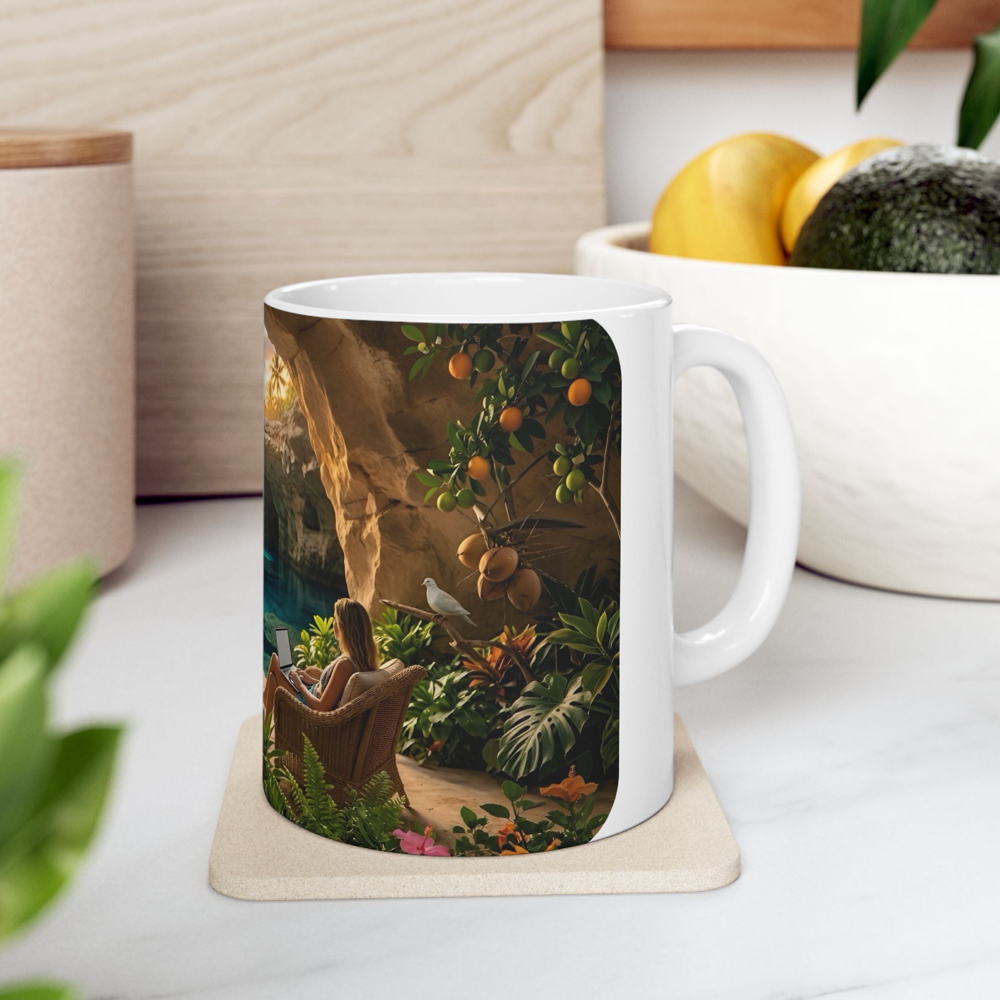 Tropical Cave Paradise White Ceramic Mug,  Relaxing Escape Cup (11 oz, 15 oz)