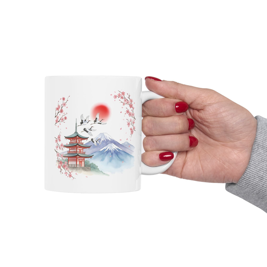 Cherry Blossom Mountain White Ceramic Mug - Japanese Sakura Scenic Tea Cup (11oz, 15oz)