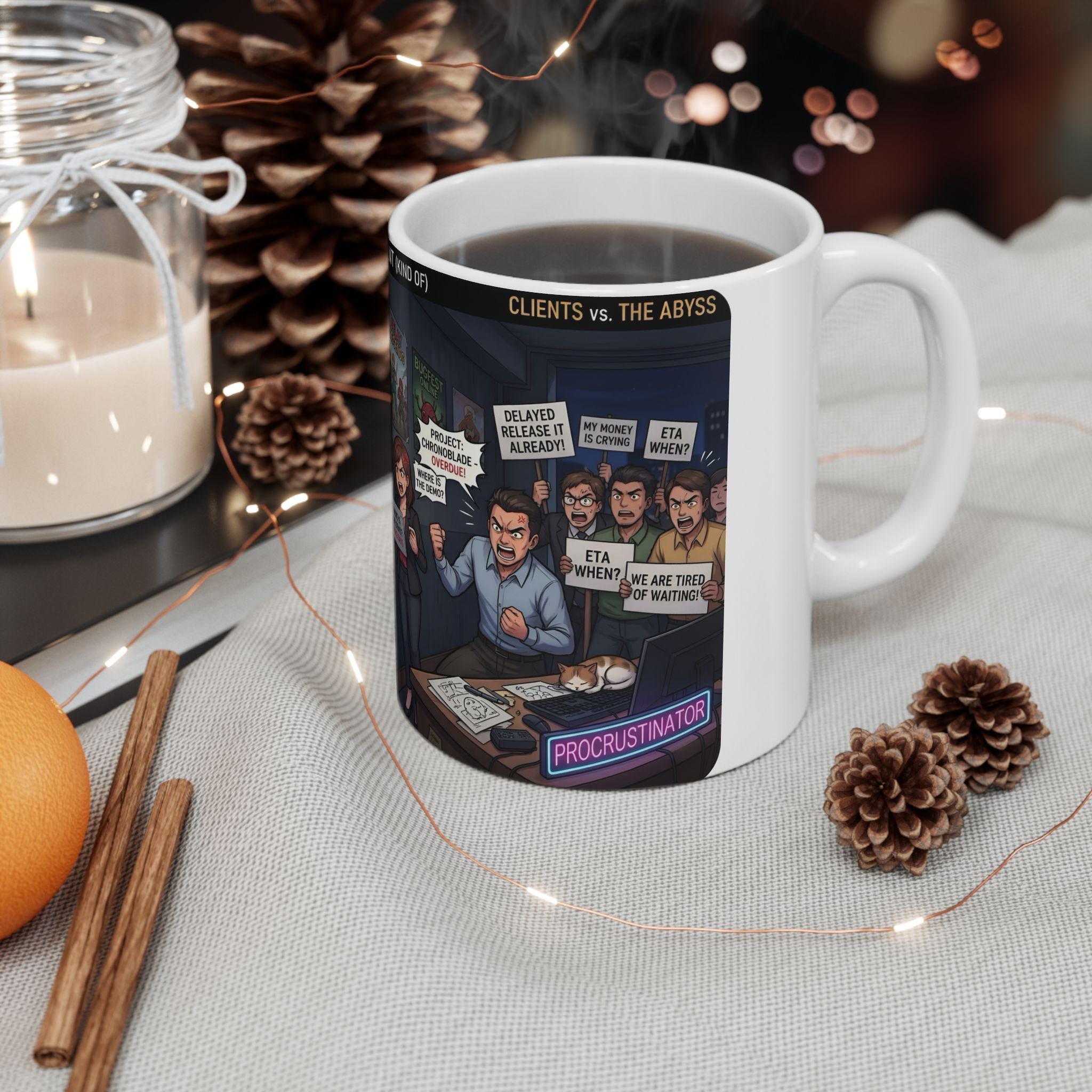 Indie Game Developer Life White Ceramic Mug — Funny Gaming Studio Office Cup, 11oz & 15oz
