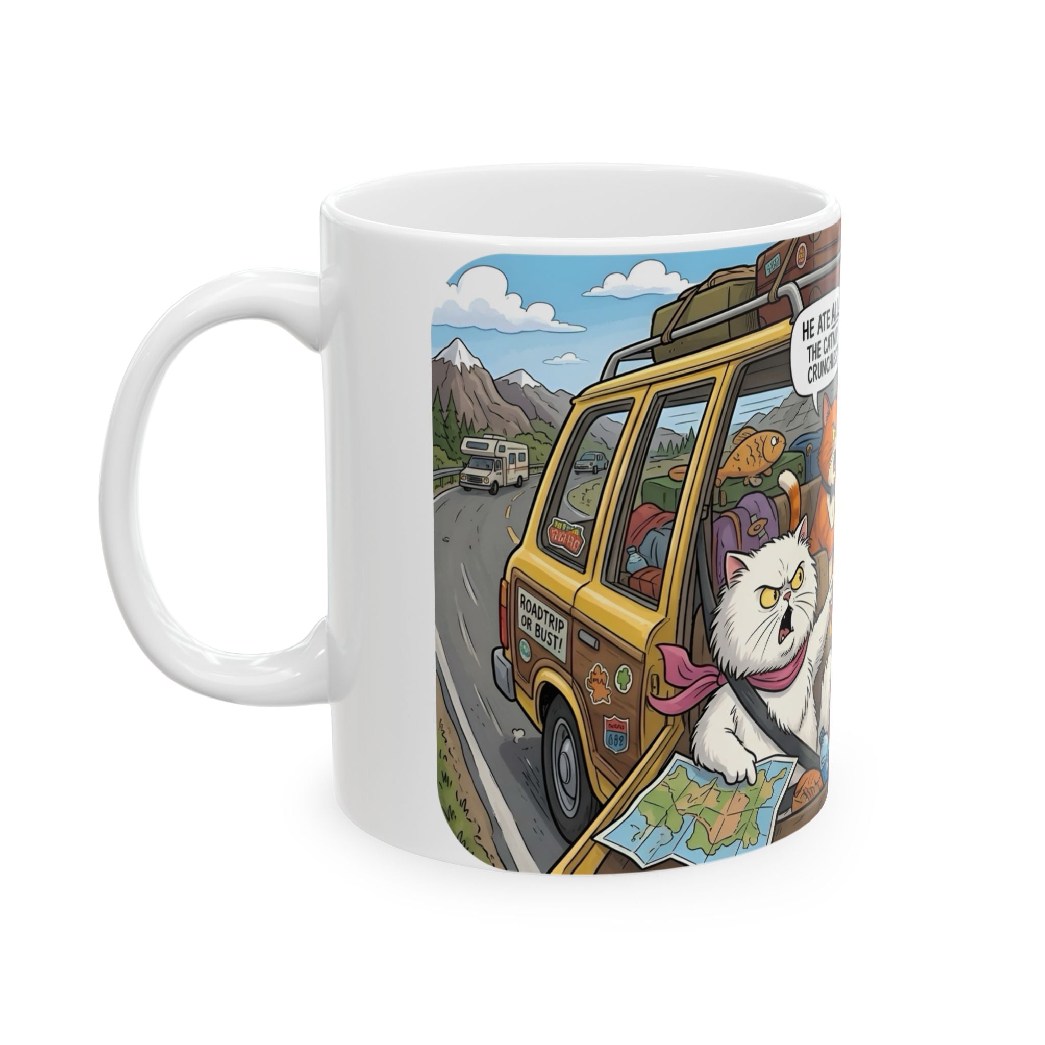 Funny Cat Road Trip White Ceramic Mug — Catnip Kitties Arguing Over Snacks Cup (11oz/15oz)