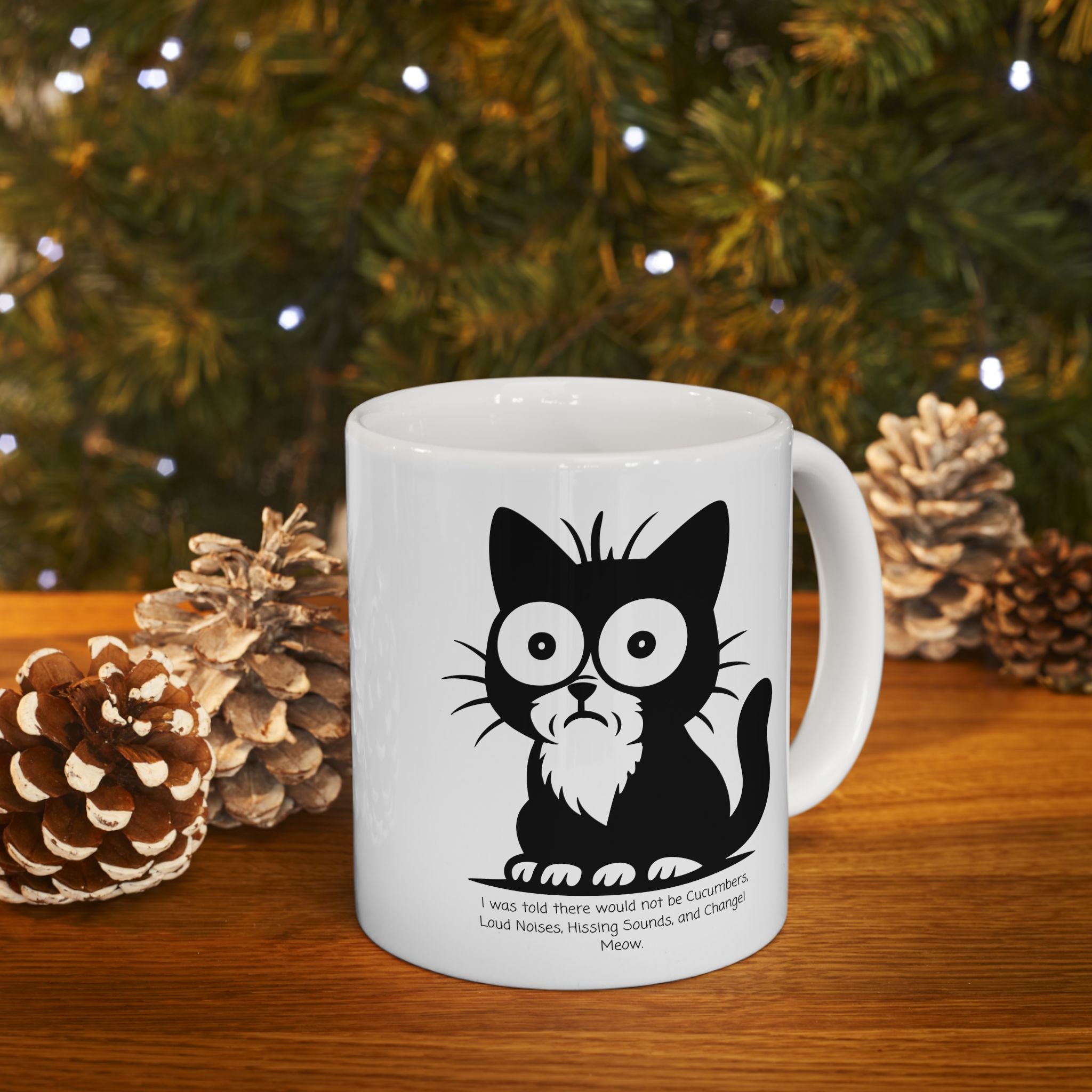 Cat Contemplating Catastrophe White Ceramic Mug - Cute Anxious Black Kitten Tea Cup (11oz & 15oz)