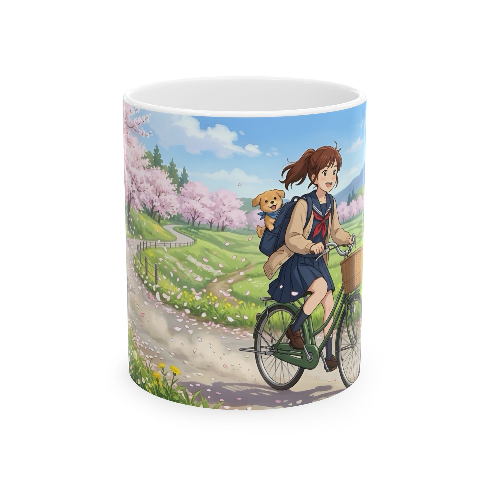 A Quiet Moment of Escape White Ceramic Mug — Sunlit Spring Sakura Cycling Cup (11oz, 15oz)