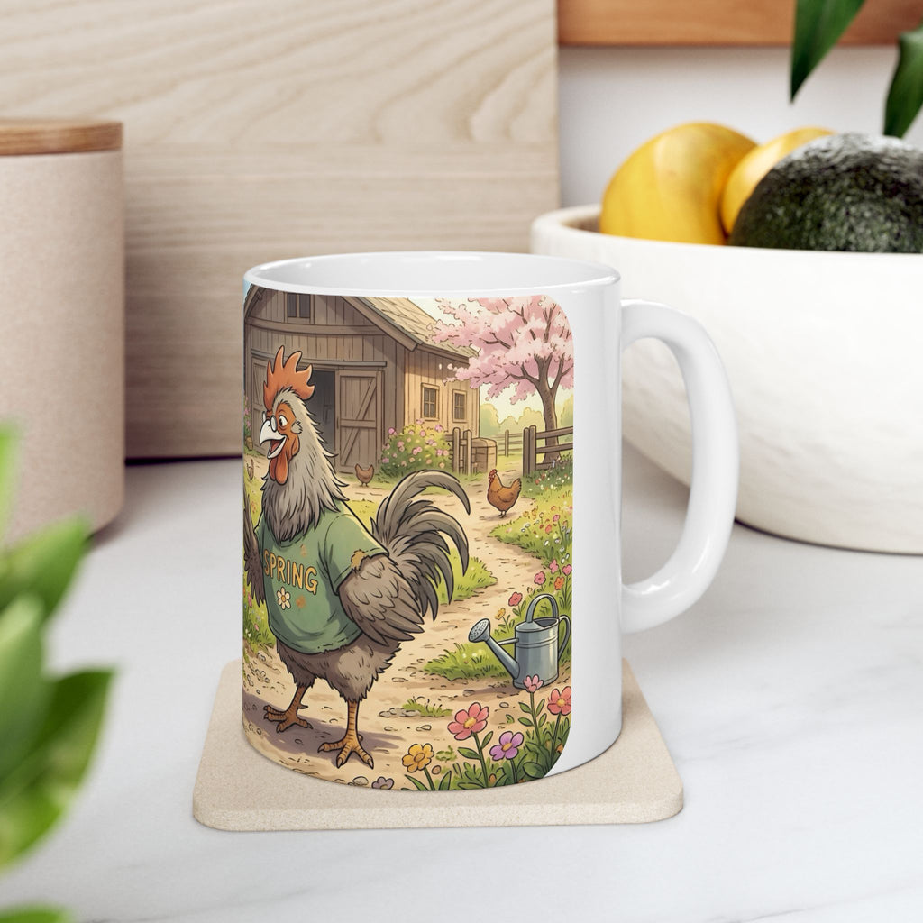 Spring Rooster & Chickens White Ceramic Mug — Cute & Cozy Country Farm Tea Cup (11oz/15oz)