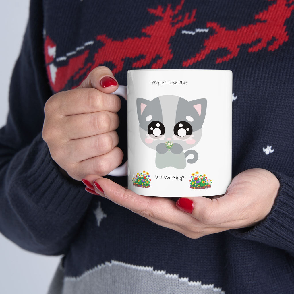 Cozy Simply Irresistible Cat White Ceramic Mug — Floral Kitten Lover Tea Cup (11oz, 15oz)