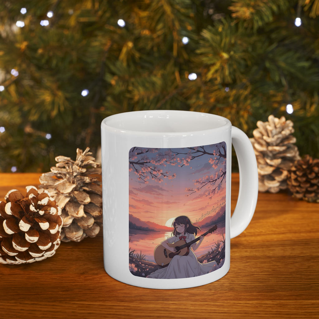 Little Melody Anime Sunset Reflections White Ceramic Mug — Scenic Cherry Blossom Mountain Lake Guitar Cup (11oz, 15oz)