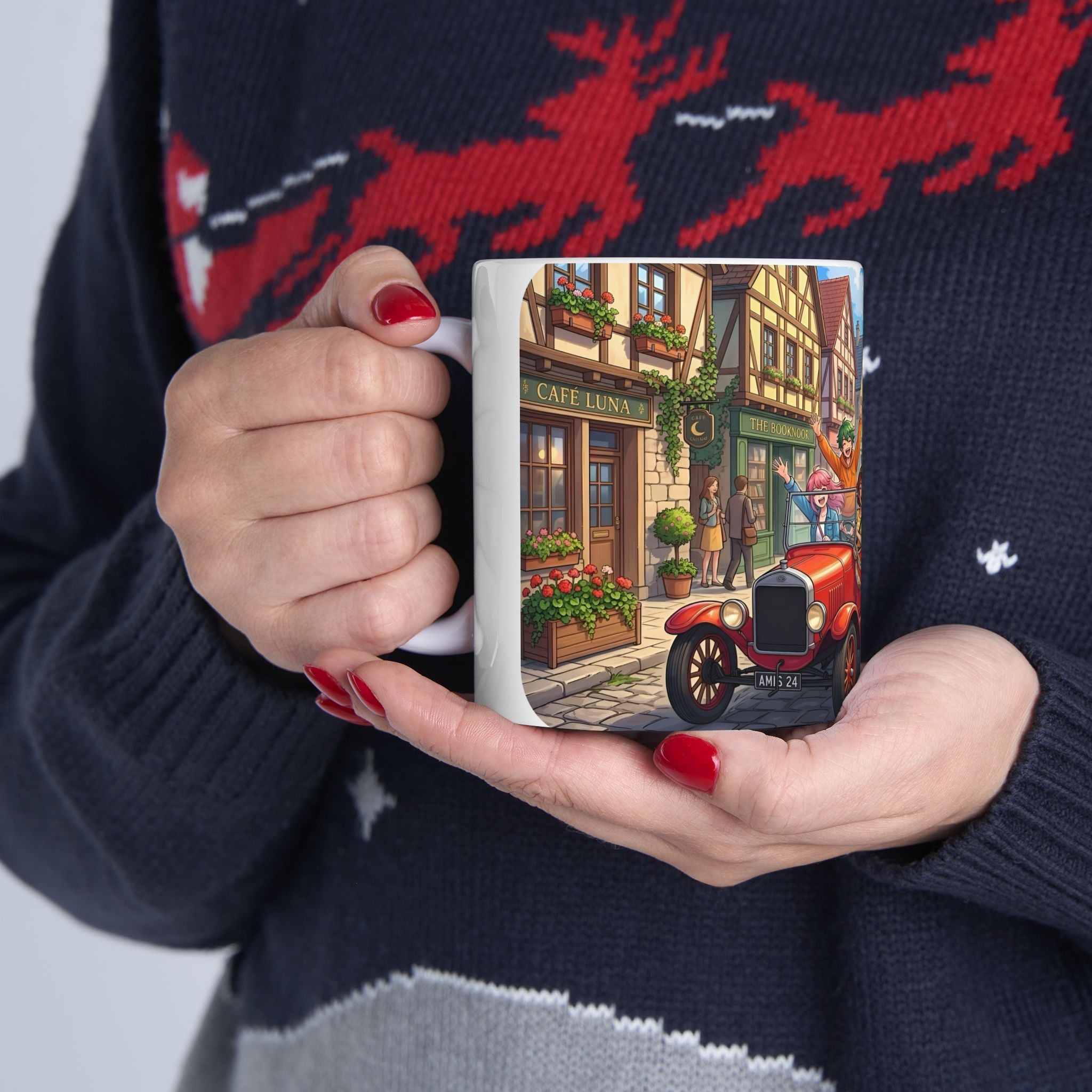 Vintage Village Roadtrip #2 White Ceramic Mug — Classic Cars & Happy Town Friends Cup (11oz, 15oz)