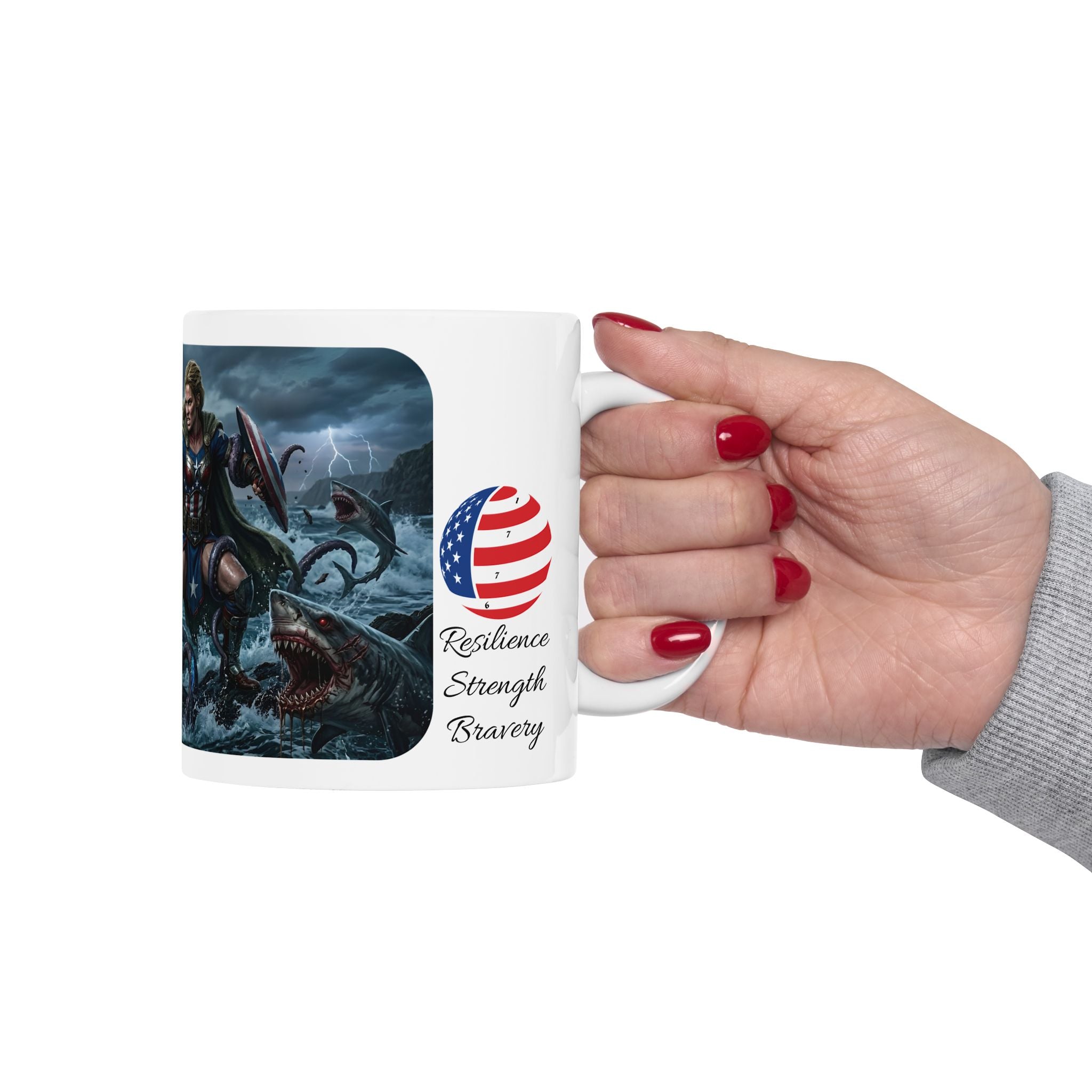 Lady Liberty Unbound #2 White Ceramic Mug — USA Standing Strong Against Darkness Cup