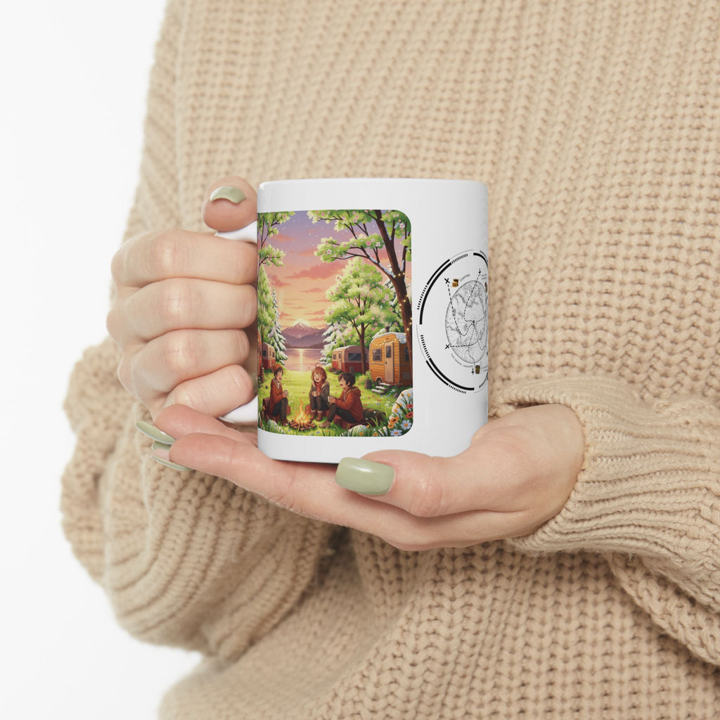 Cozy Hearth & Home White Ceramic Mug — Sunset Mountain View Vintage Camper Cup (11oz/15oz)