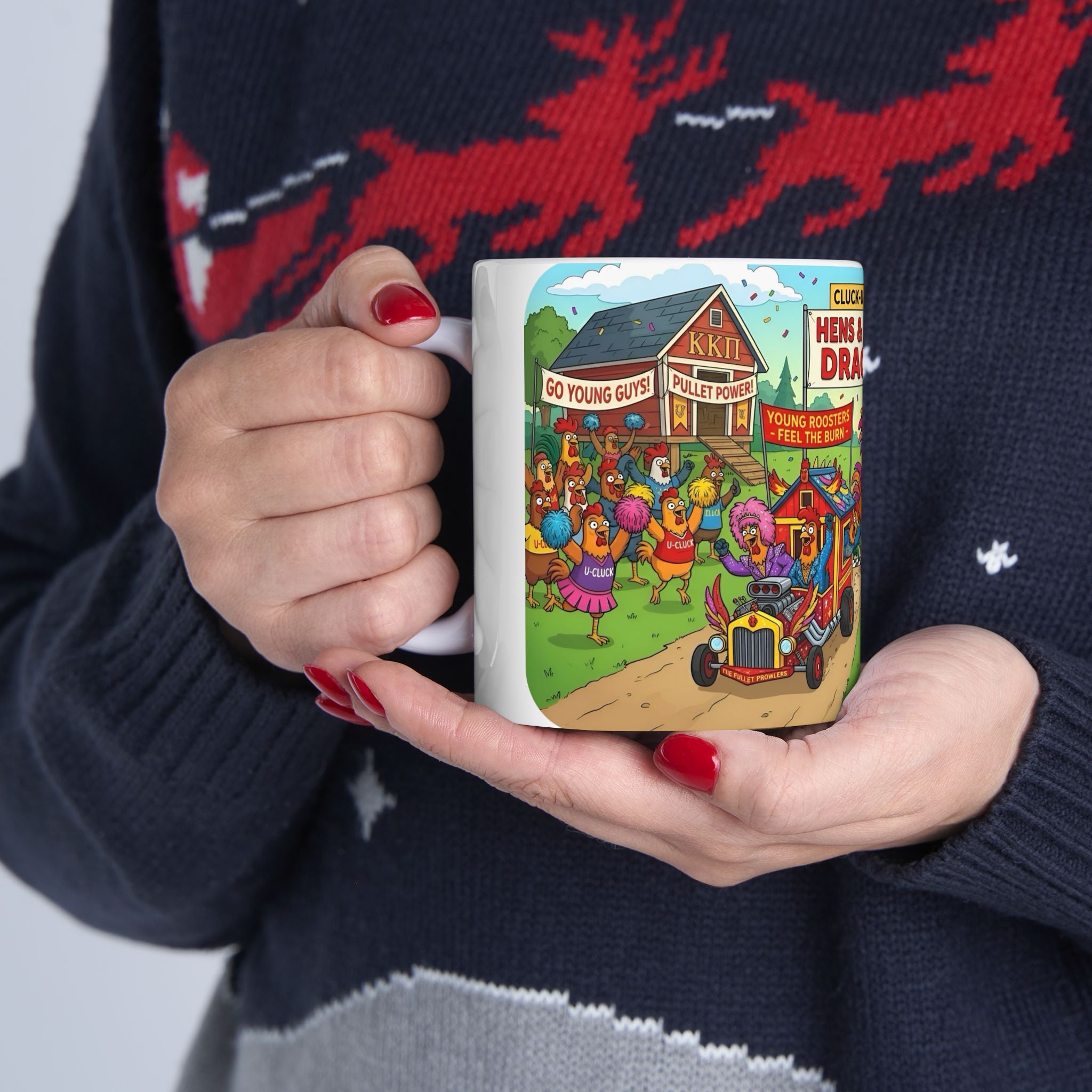 Hens & Roosters Drag Race White Ceramic Mug — Funny Farm Fraternity Racing Tea Cup (11oz/15oz)