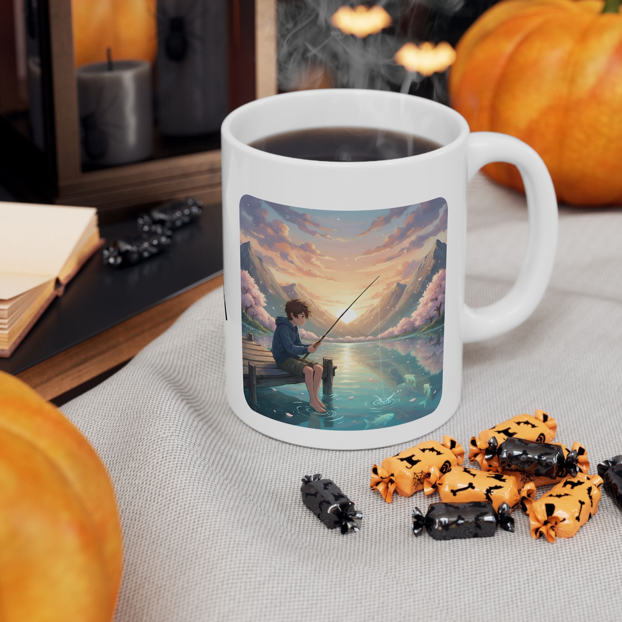 Boy Fishing at Sunset on Lakefront Pier White Ceramic Mug, Mountain View Cherry Blossom Serenity Cup (11oz, 15oz)