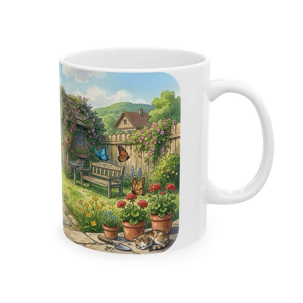 Cottage Garden White Ceramic Mug — Cozy Scenic Floral Tea Cup (11oz/15oz)