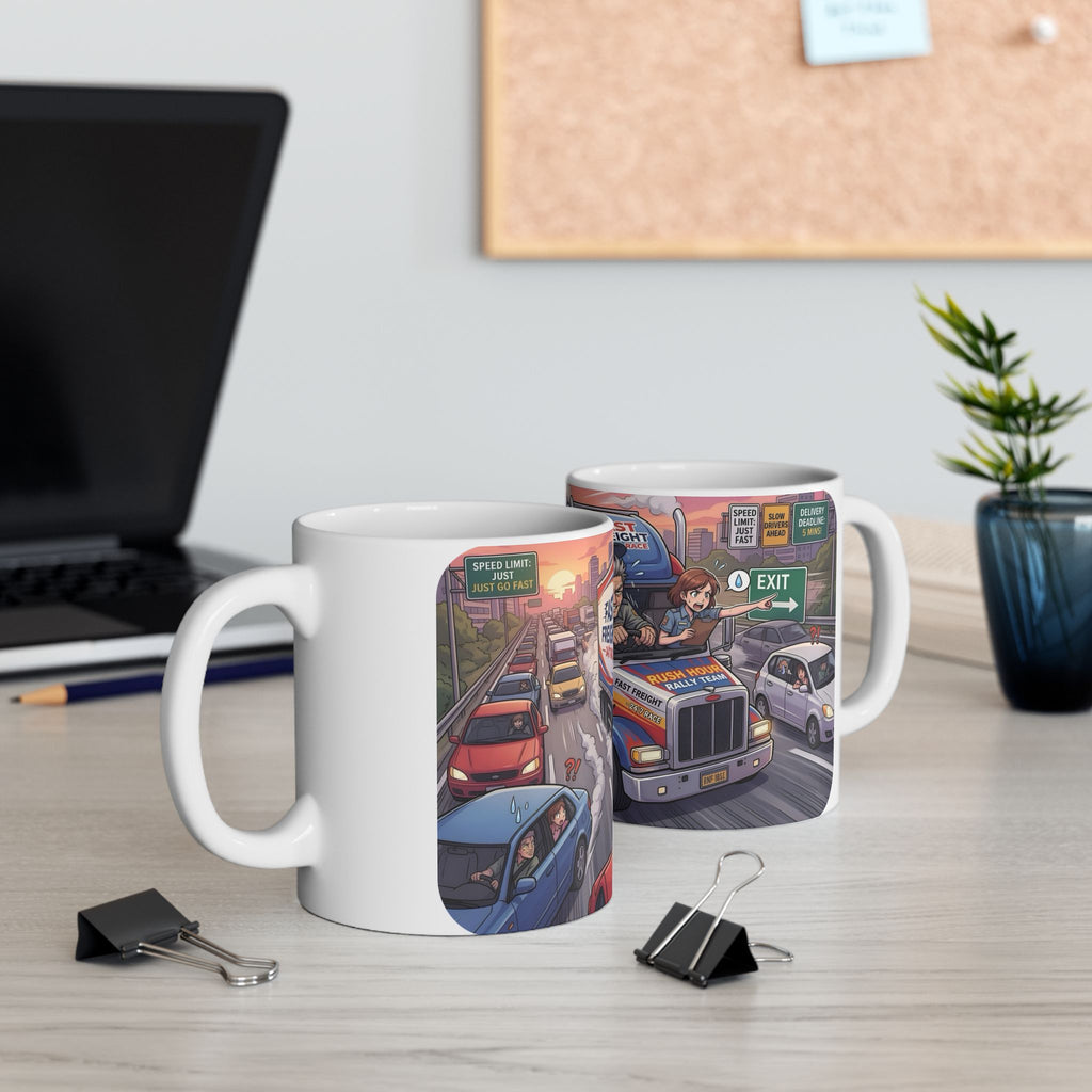 Trucker Life White Ceramic Mug – 'Fast Freight' Big Rig Tea Cup (11oz/15oz)