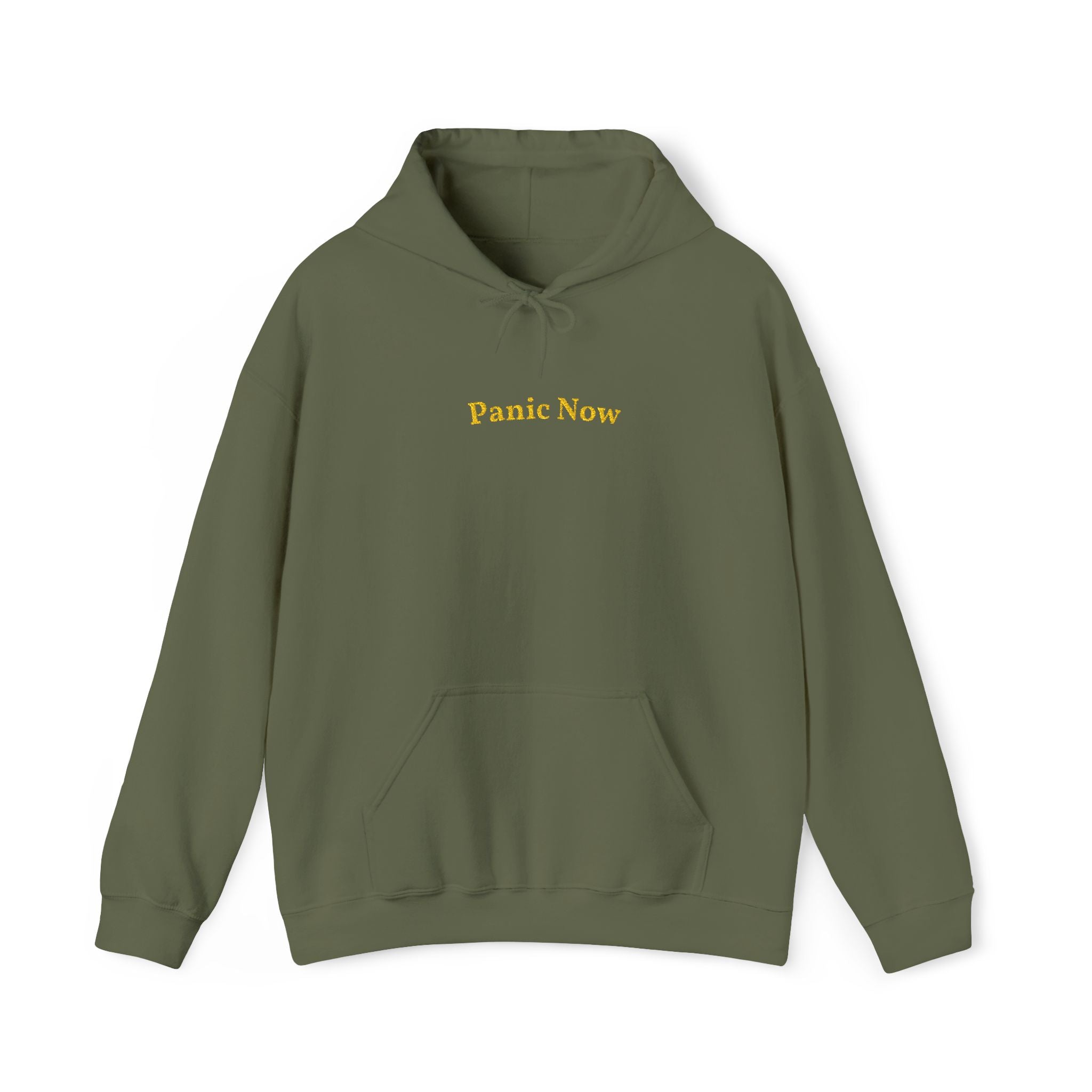 Panic Now Gold Embroidered Unisex Heavy Blend Hooded Sweatshirt, Librarians, Students, Parents, and Friends Special Hoodie