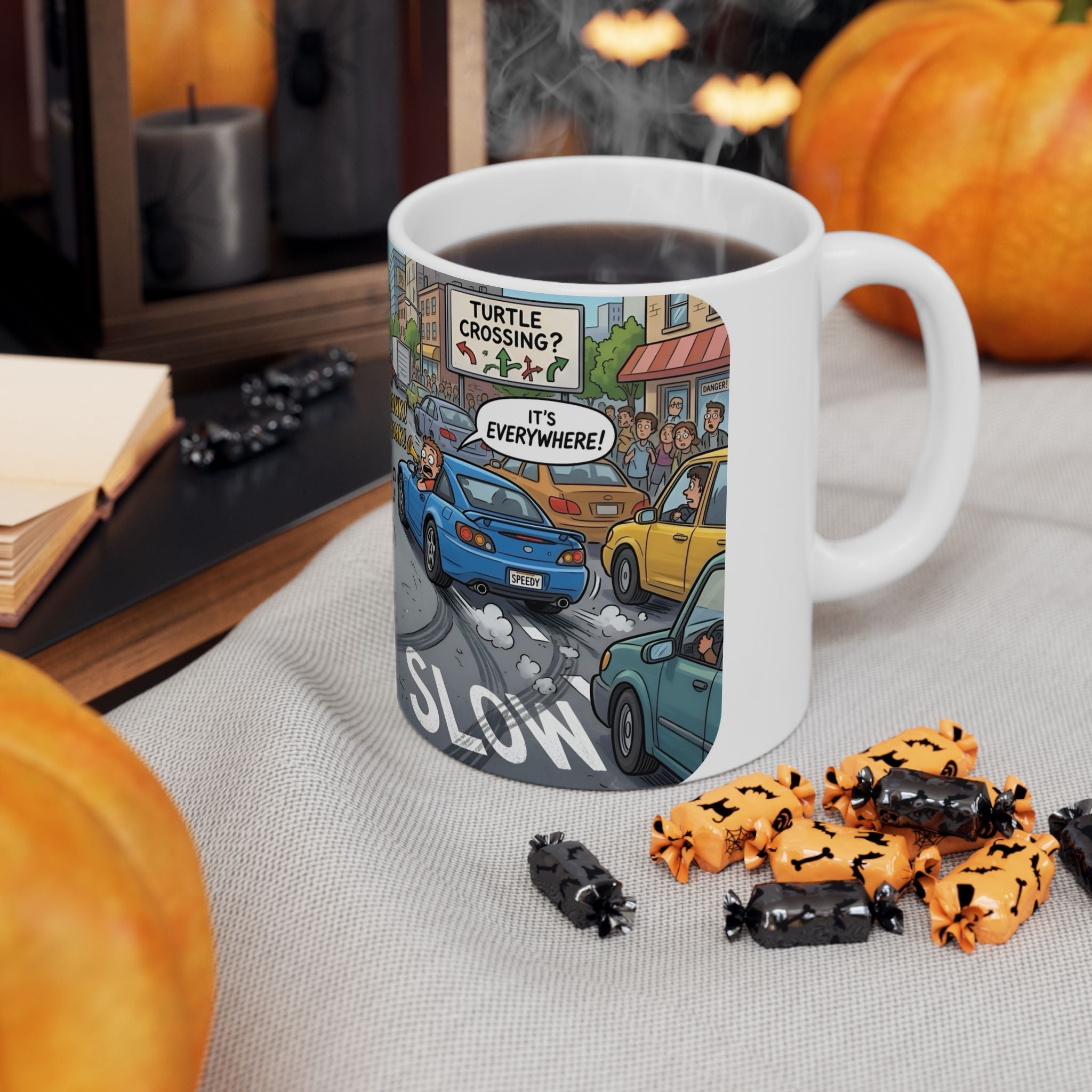 Cute Turtle Crossing White Ceramic Mug, Cruising Vibes Cup (11oz, 15oz)