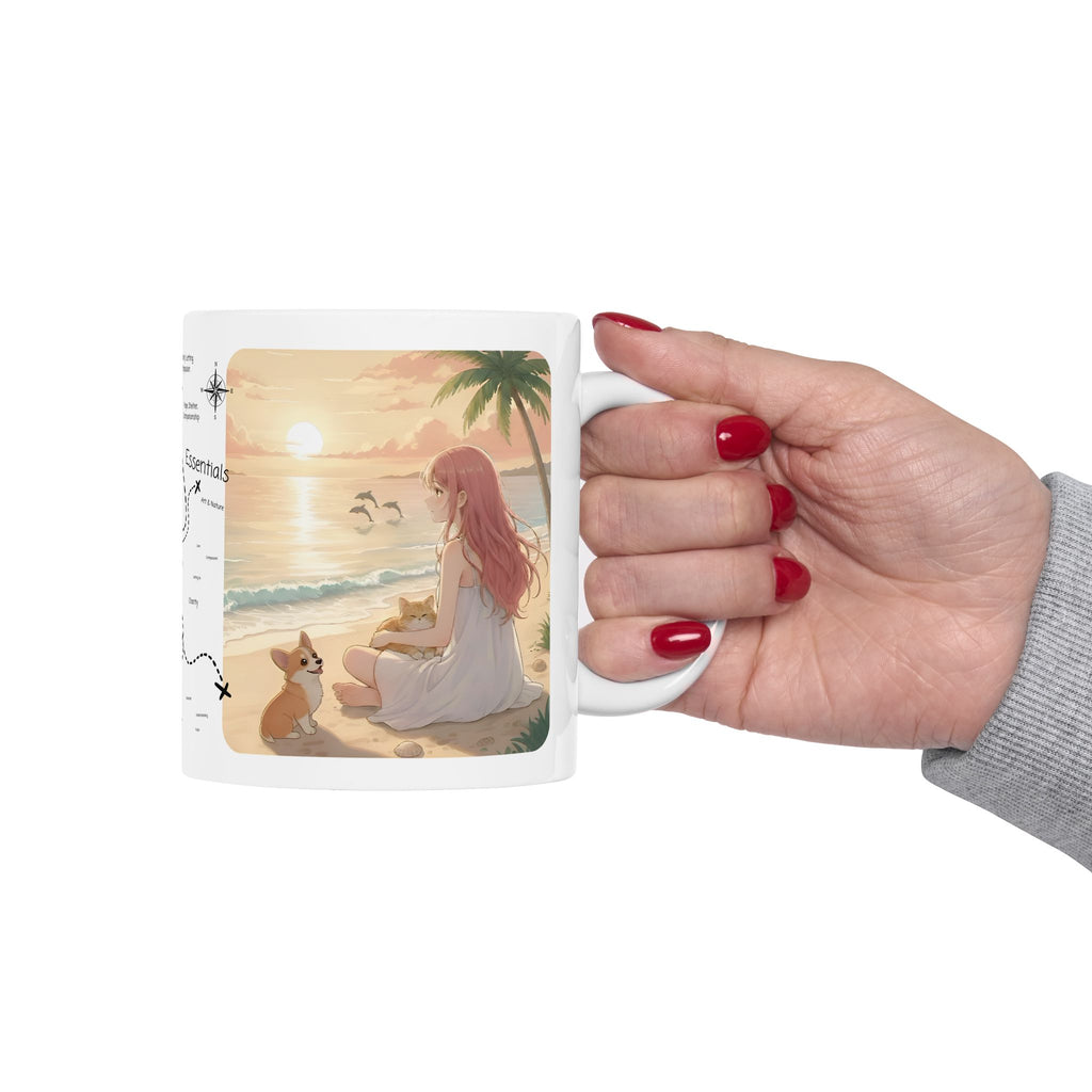 Cute Corgi Dog & Orange Cat Tropical Seascape White Ceramic Mug, Cozy Pembroke Welsh Corgi Mom on Beach Cup (11oz, 15oz)