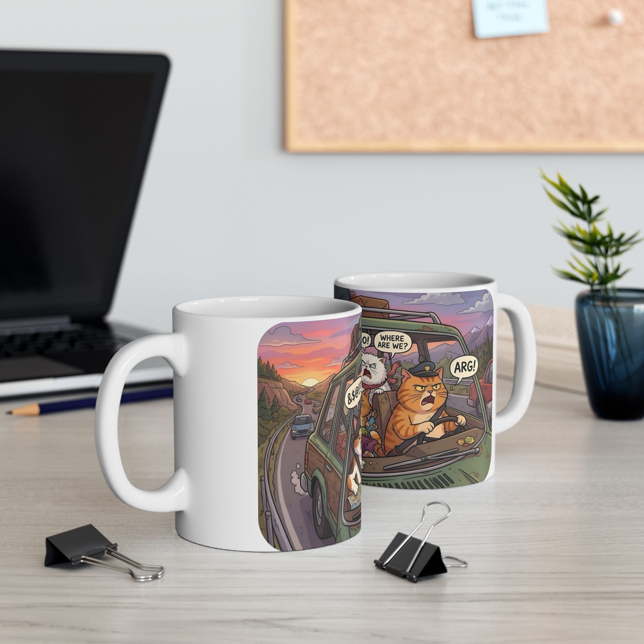 Squabbling Cats On A Road Trip White Ceramic Mug (11oz/15oz), Funny Cat'n Get Along Cup