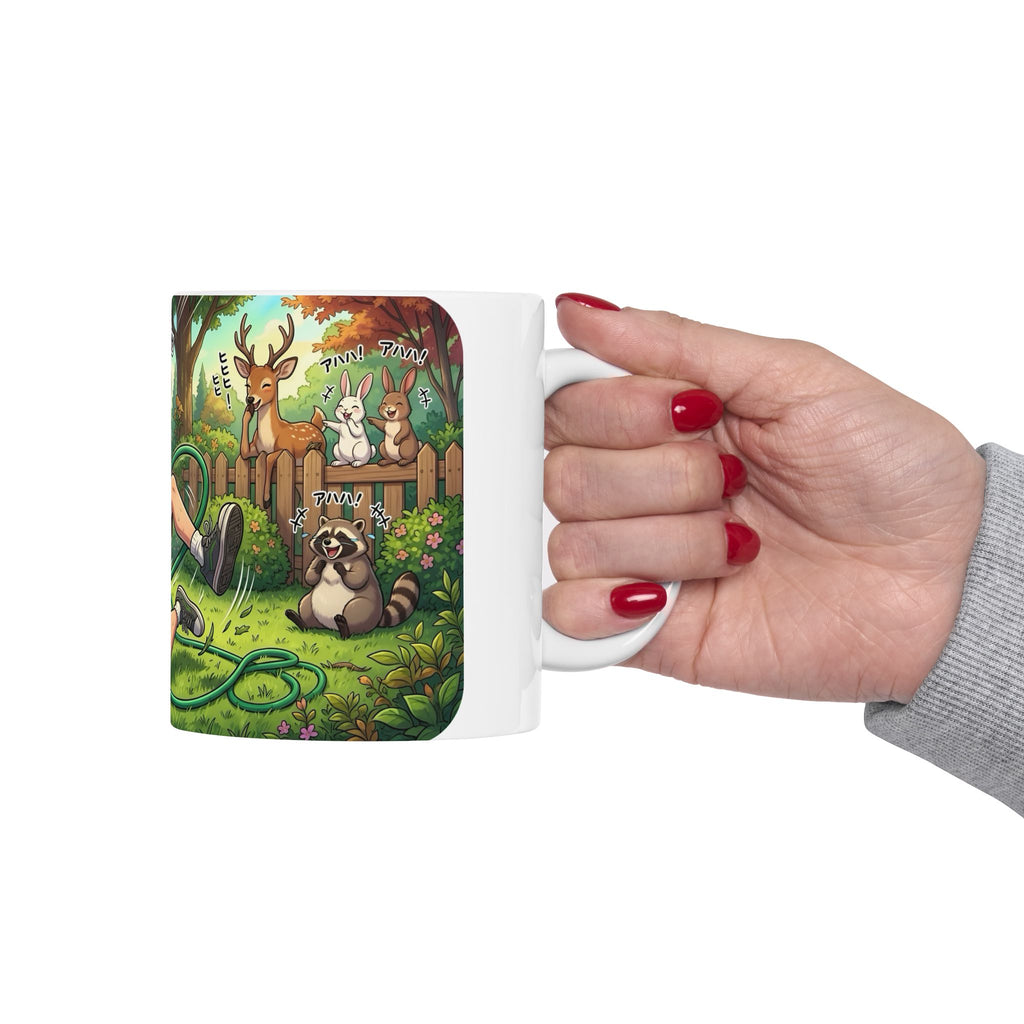 Funny Sunny Lawn Care White Ceramic Mug — Garden Hose Backyard Mishap Cup (11oz/15oz)