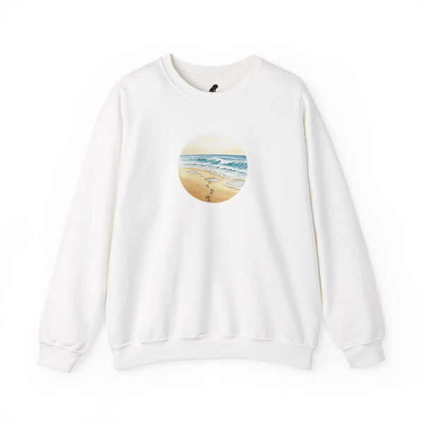 Beach Circle Crewneck Sweatshirt — Coastal Footprints In The Sand At Sunset Sweater