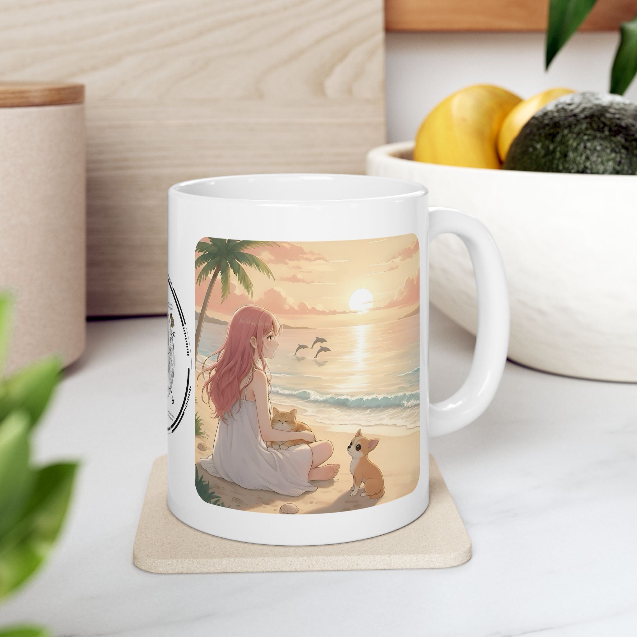 Chihuahua Dog Orange Cat Sunset & Sunflower White Ceramic Mug — Peaceful Waves Anime Girl Boho Beach Vibes Cup (11oz, 15oz)