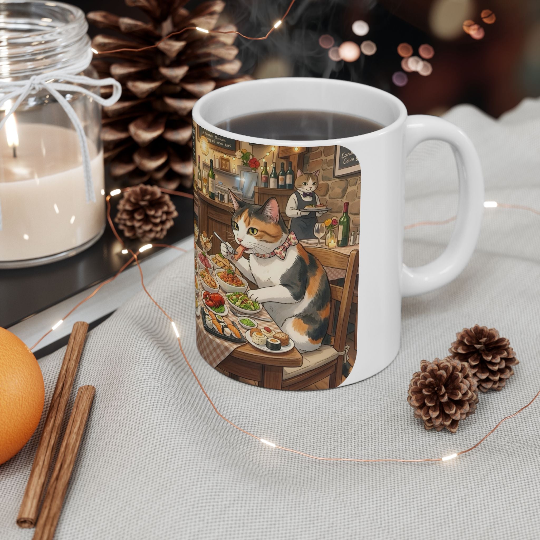 Cat Ghibli Whisker Bistro White Ceramic Mug — Cozy Feline Tapas Cafe Cup (11oz/15oz)