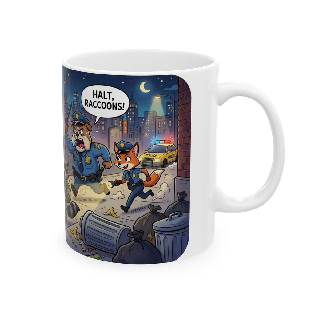 Rambunctious Ringtails White Ceramic Mug — Funny Raccoon Heist Night Scene Cup (11oz, 15oz)