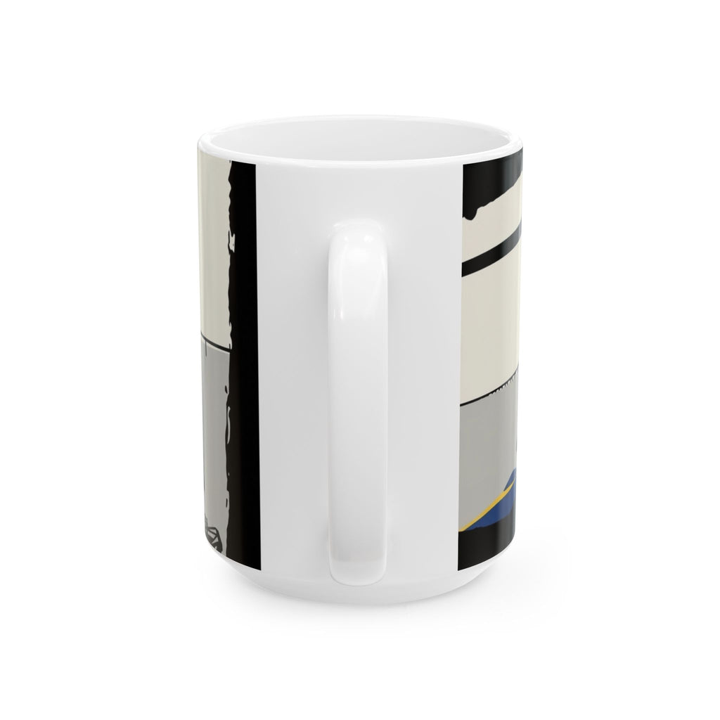 City Bridge Silhouette Scenic White Ceramic Mug – Waterfront Battleship View Cup (11 oz, 15 oz)
