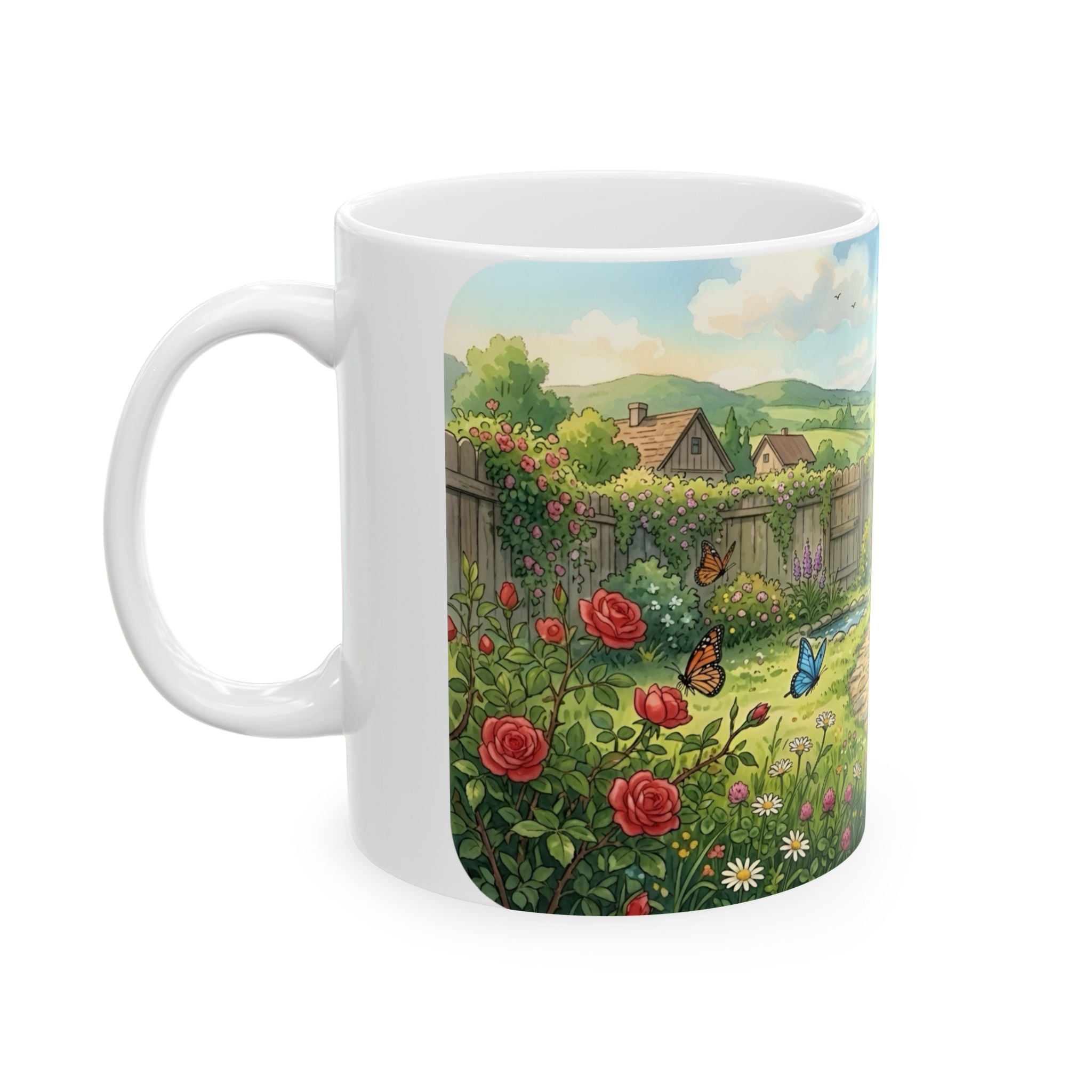 Cottage Garden White Ceramic Mug — Cozy Scenic Floral Tea Cup (11oz/15oz)