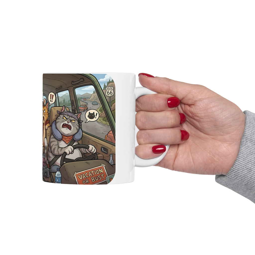 Angry Cats On A Road Trip White Ceramic Mug — Funny Kitty Crew Travel Cup (11oz, 15oz)