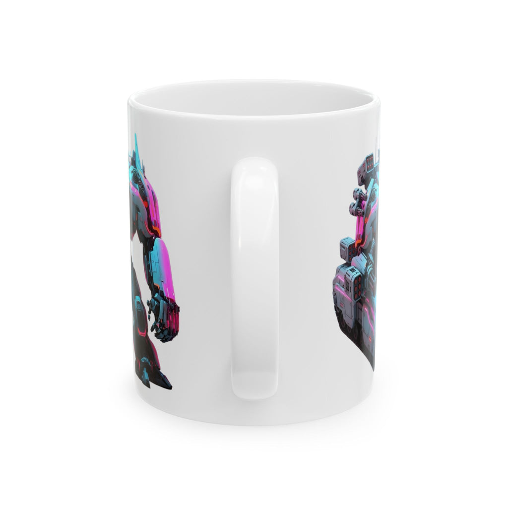 'The Meks' Sci‑Fi Mech Robot #7 White Ceramic Mug (11oz & 15oz), Retro Cyberpunk Tea Cup