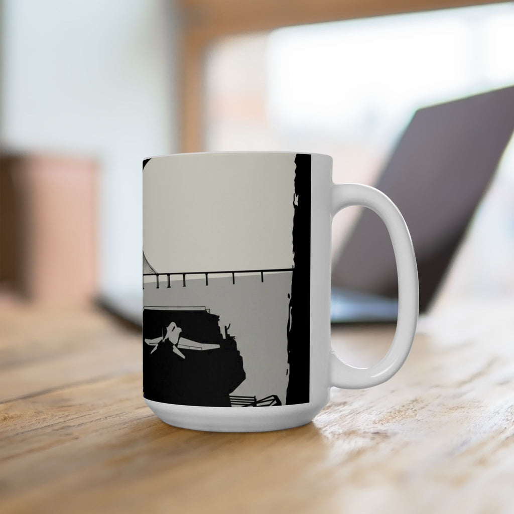 City Bridge Silhouette Scenic White Ceramic Mug – Waterfront Battleship View Cup (11 oz, 15 oz)