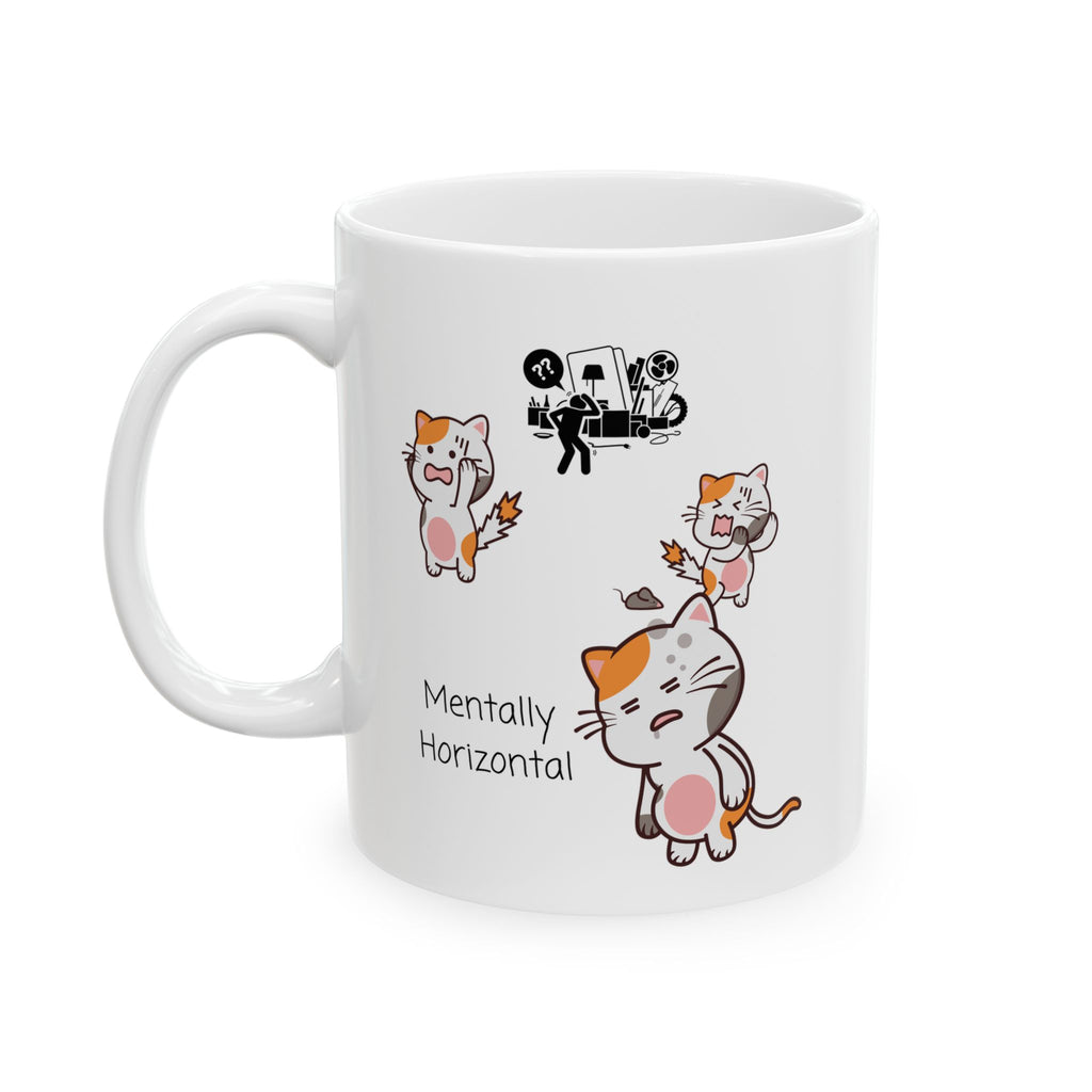 Funny "Mentally Horizontal" Cat Chaos White Ceramic Mug — Frantic Kitties in a Trashed Room (11oz & 15oz)
