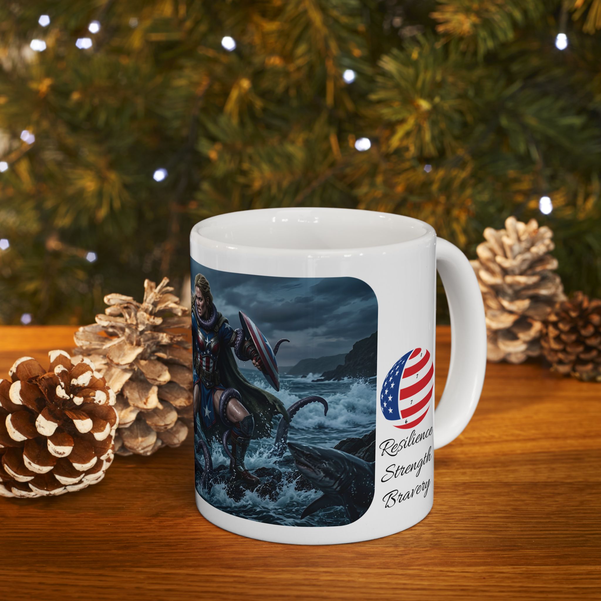 Lady Liberty Unbound #1 White Ceramic Mug — USA Standing Strong Against Darkness Cup