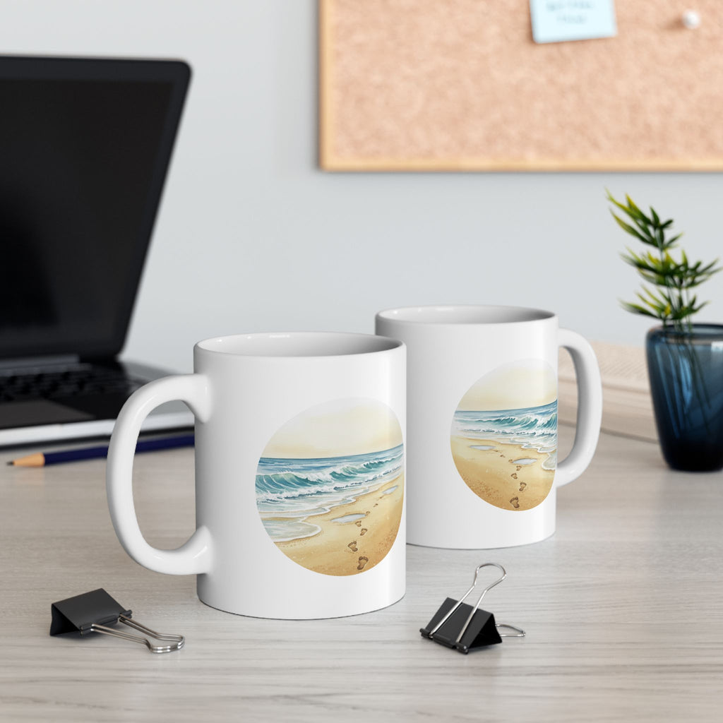 Sea Shore With Footprints In The Sand White Ceramic Mug — Beach Waves Getaway To Tranquility (11oz & 15oz)