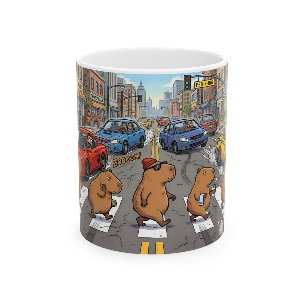 Capybara Abbey Road White Ceramic Mug – Funny Rodent Band Tea Cup (11oz & 15oz)