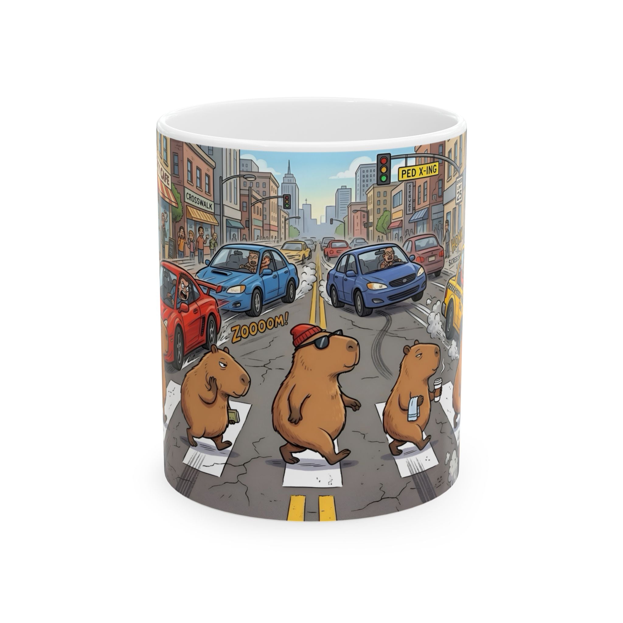 Capybara Abbey Road White Ceramic Mug – Funny Rodent Band Tea Cup (11oz & 15oz)